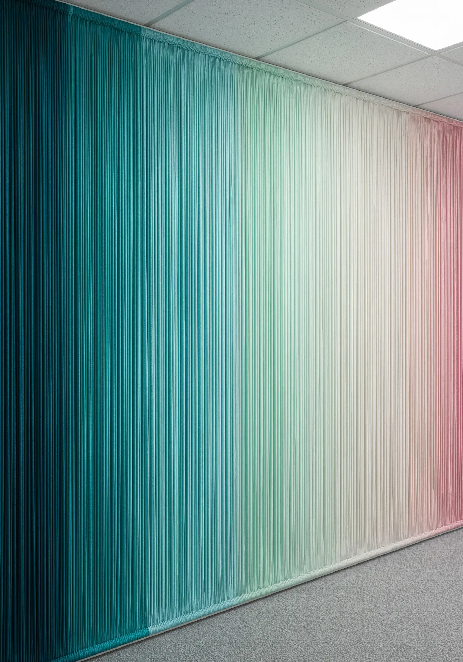 A full wall covered in taut, vertical strands of yarn creating a smooth gradient from teal to pink.