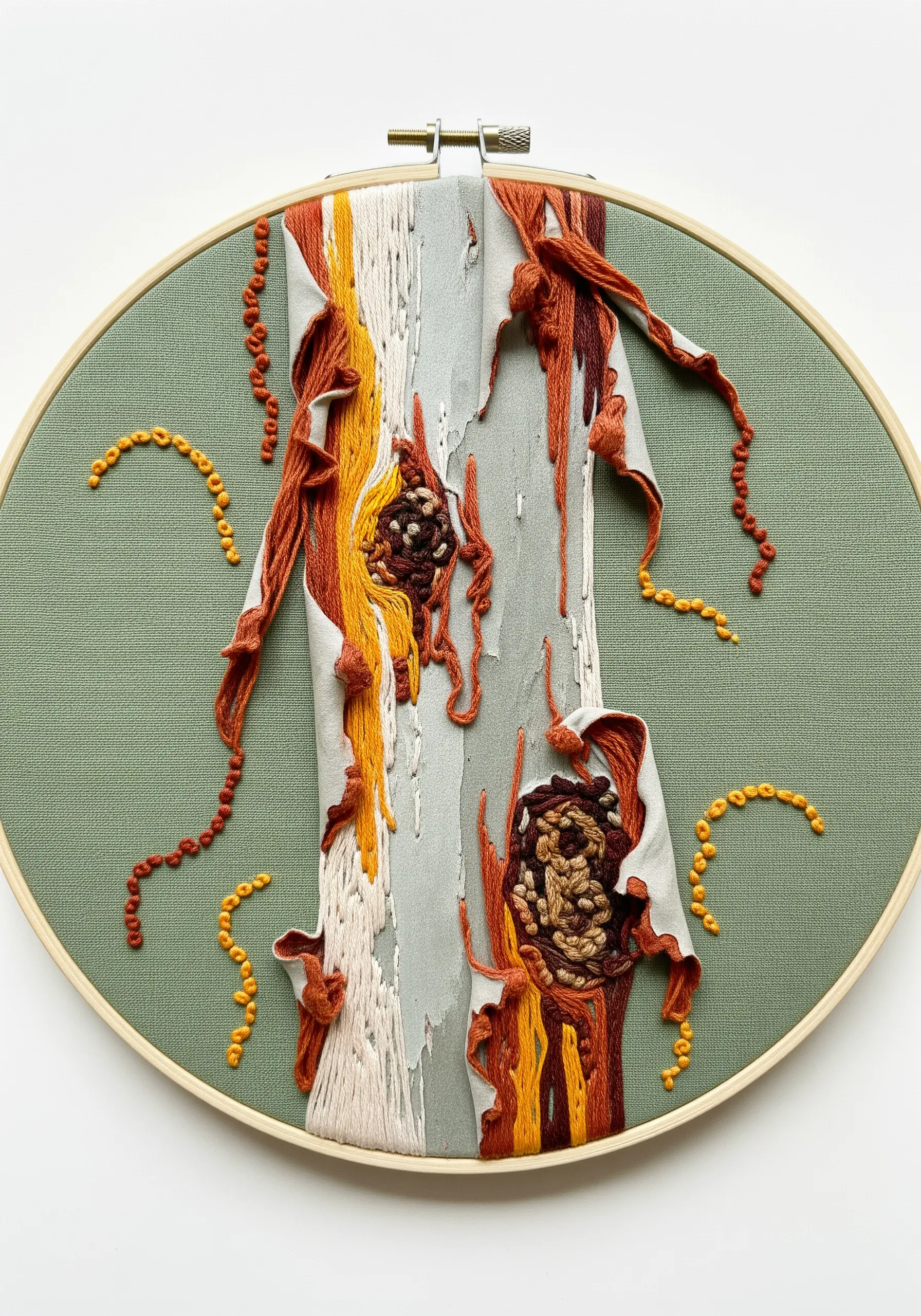 Dimensional embroidery of peeling eucalyptus bark using fabric slips and textural stitches.