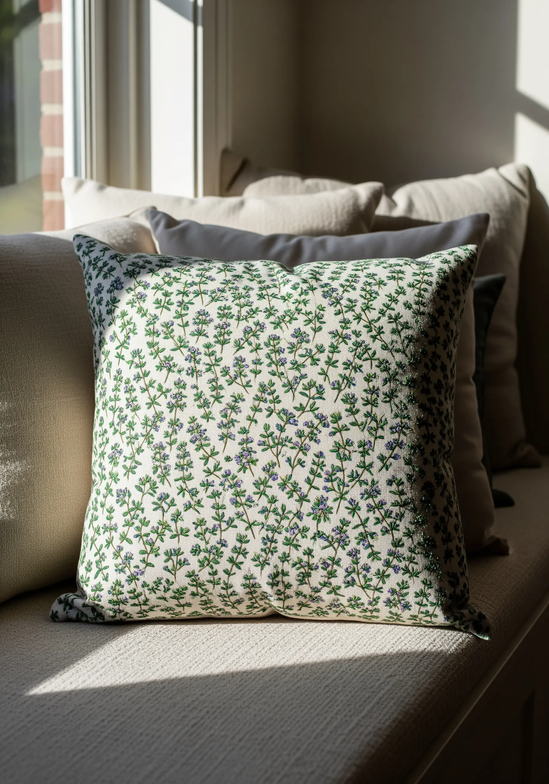 A dense, all-over pattern of tiny thyme sprigs embroidered on a throw pillow.