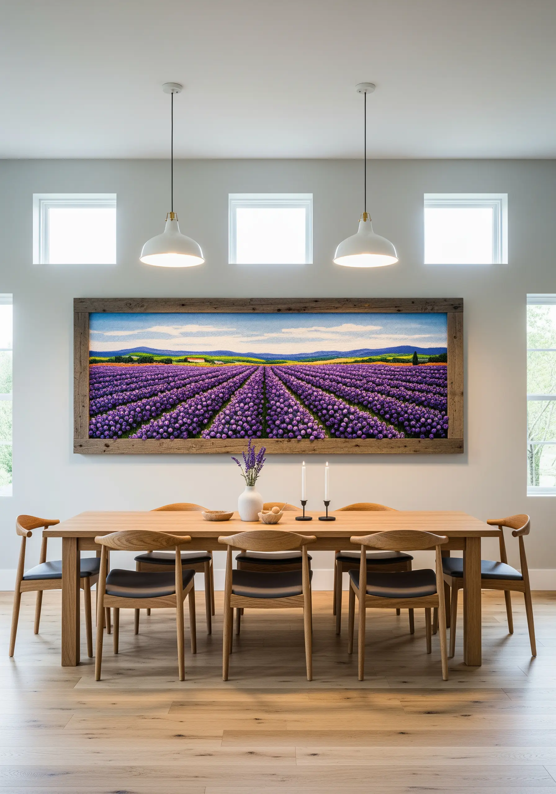 Panoramic embroidery of a purple lavender field