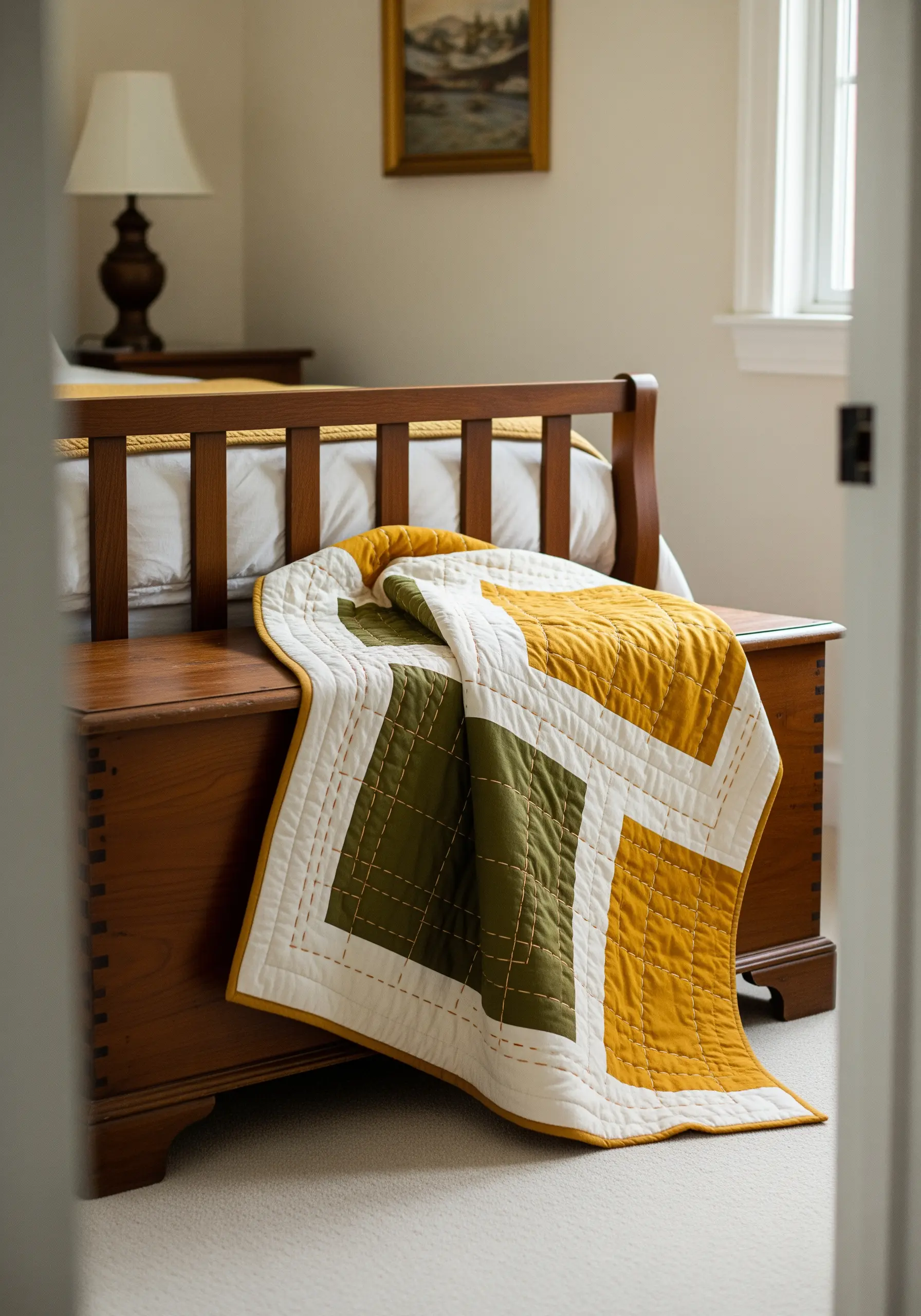 A modern color-blocked quilt with visible hand-stitched running stitches in a grid pattern.