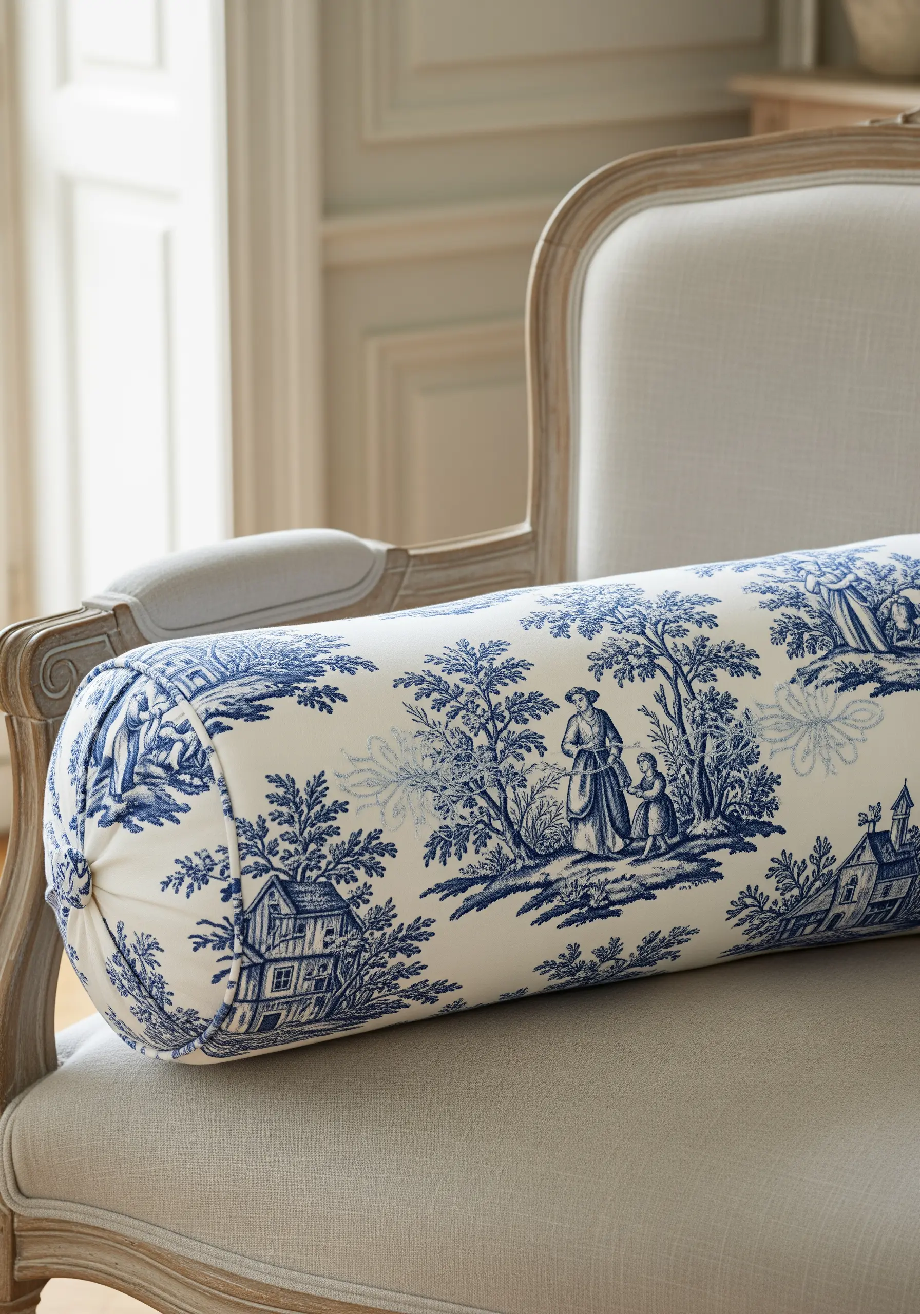 Blue and white Toile de Jouy bolster pillow on chair
