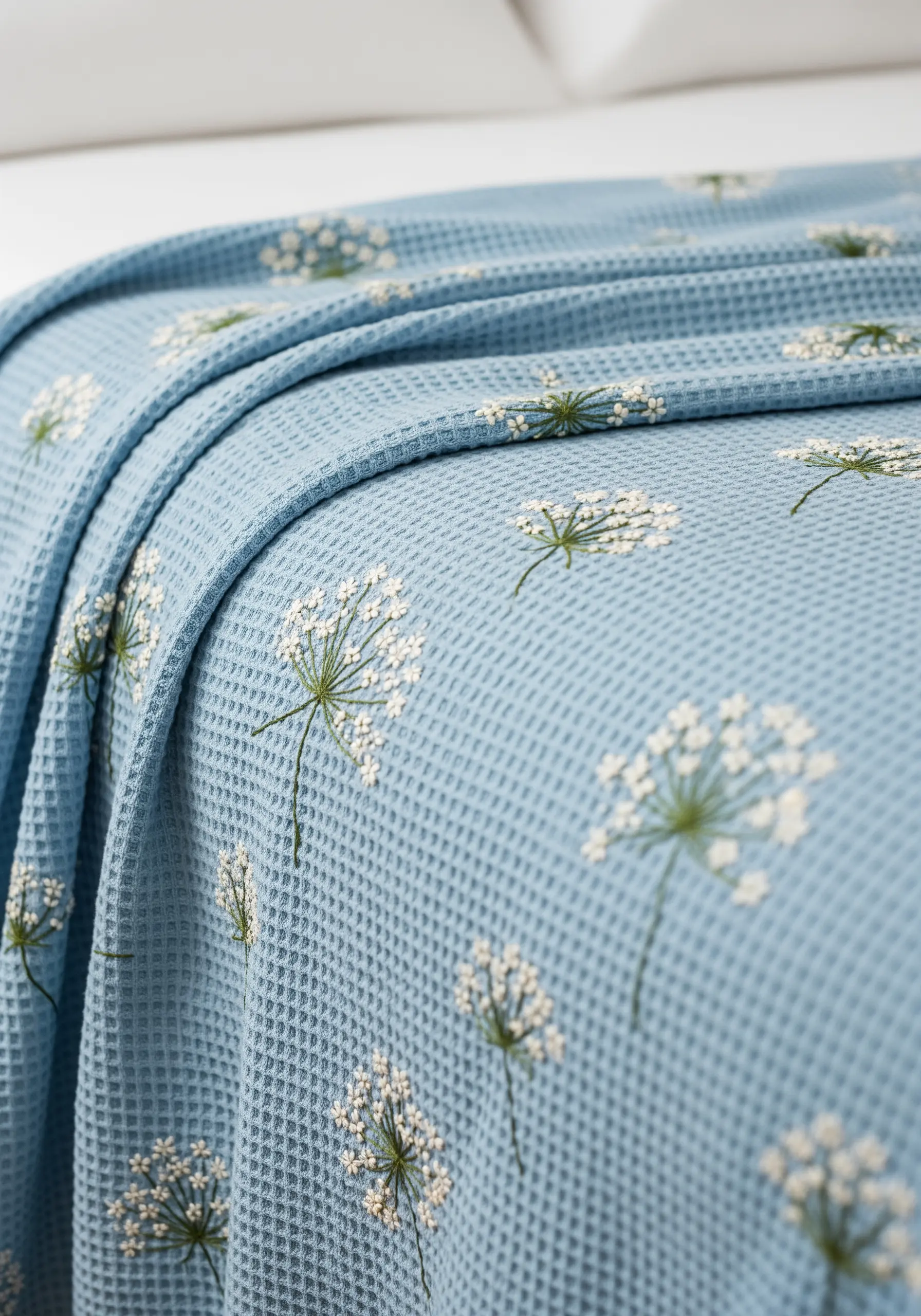 Delicate Queen Anne's lace motifs embroidered in a repeating pattern on a blue waffle-weave blanket.