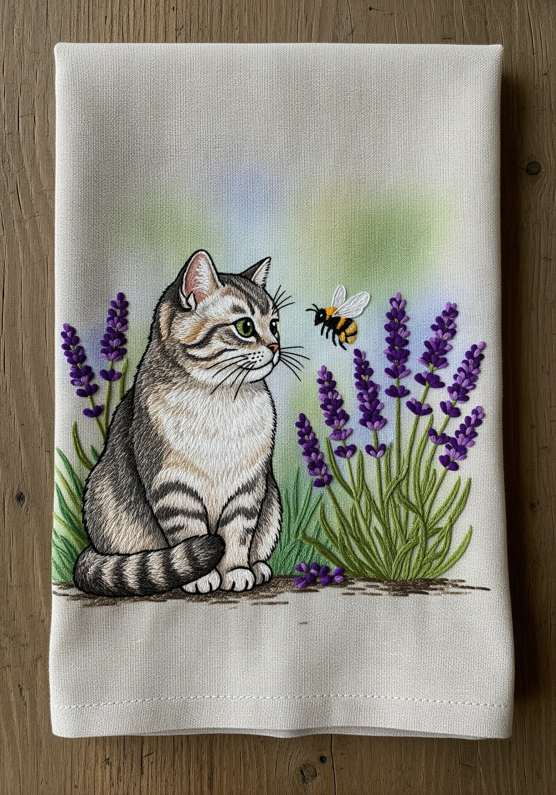 A tabby cat in a lavender field with a soft watercolor-painted background.