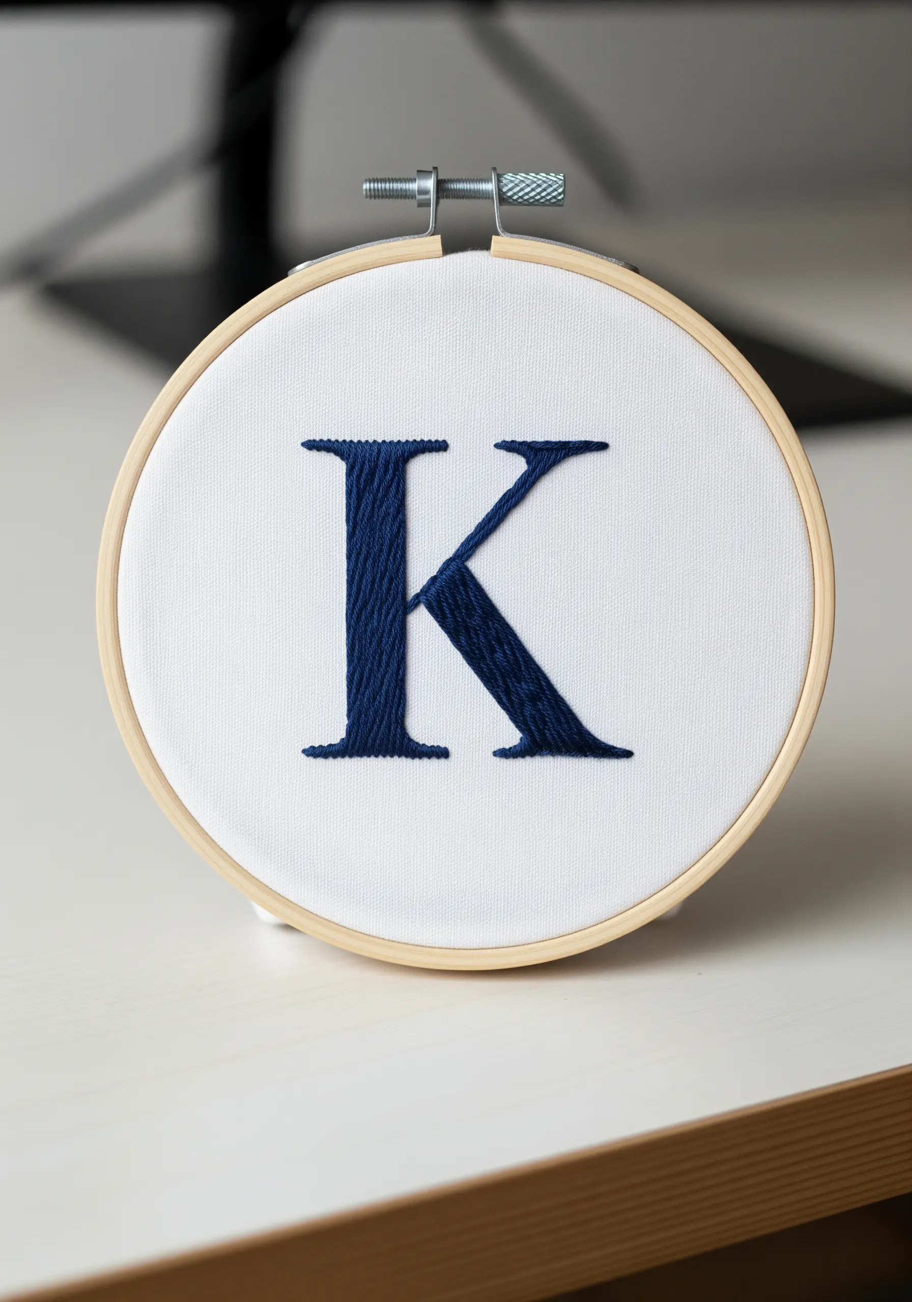 A dark blue serif monogram 'K' with perfectly smooth satin stitch on white fabric.
