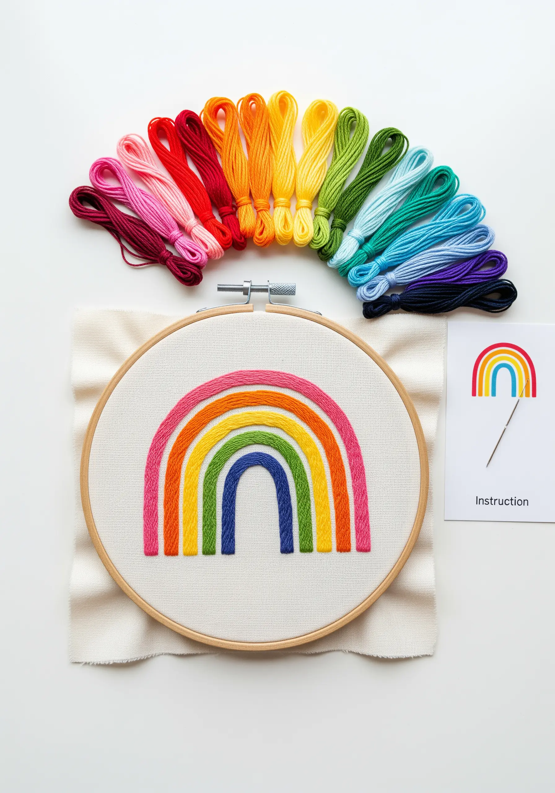 A vibrant satin-stitched rainbow in a hoop with a fan of colorful threads nearby.