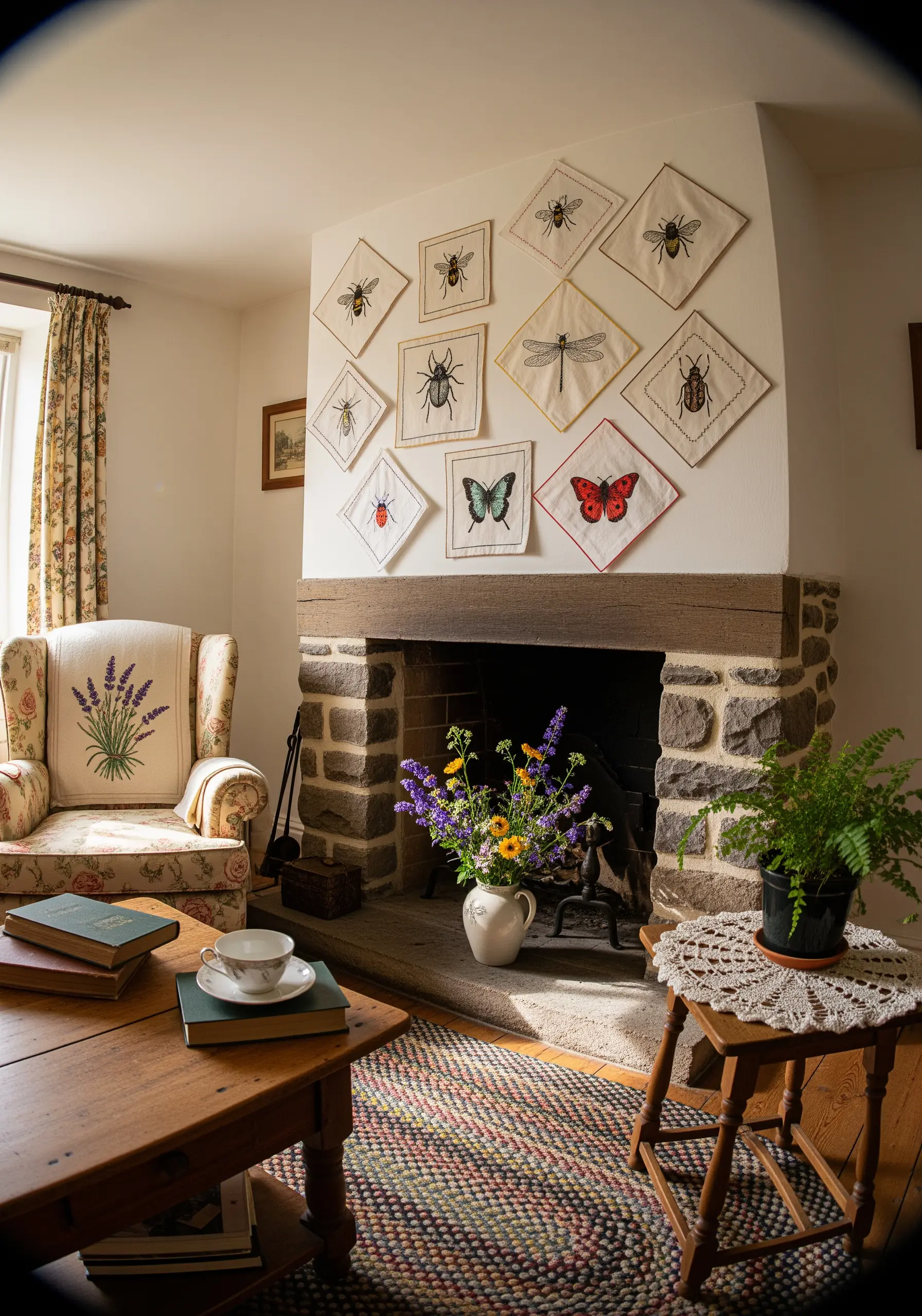 Wall collection of diamond-oriented fabric squares featuring insect embroidery