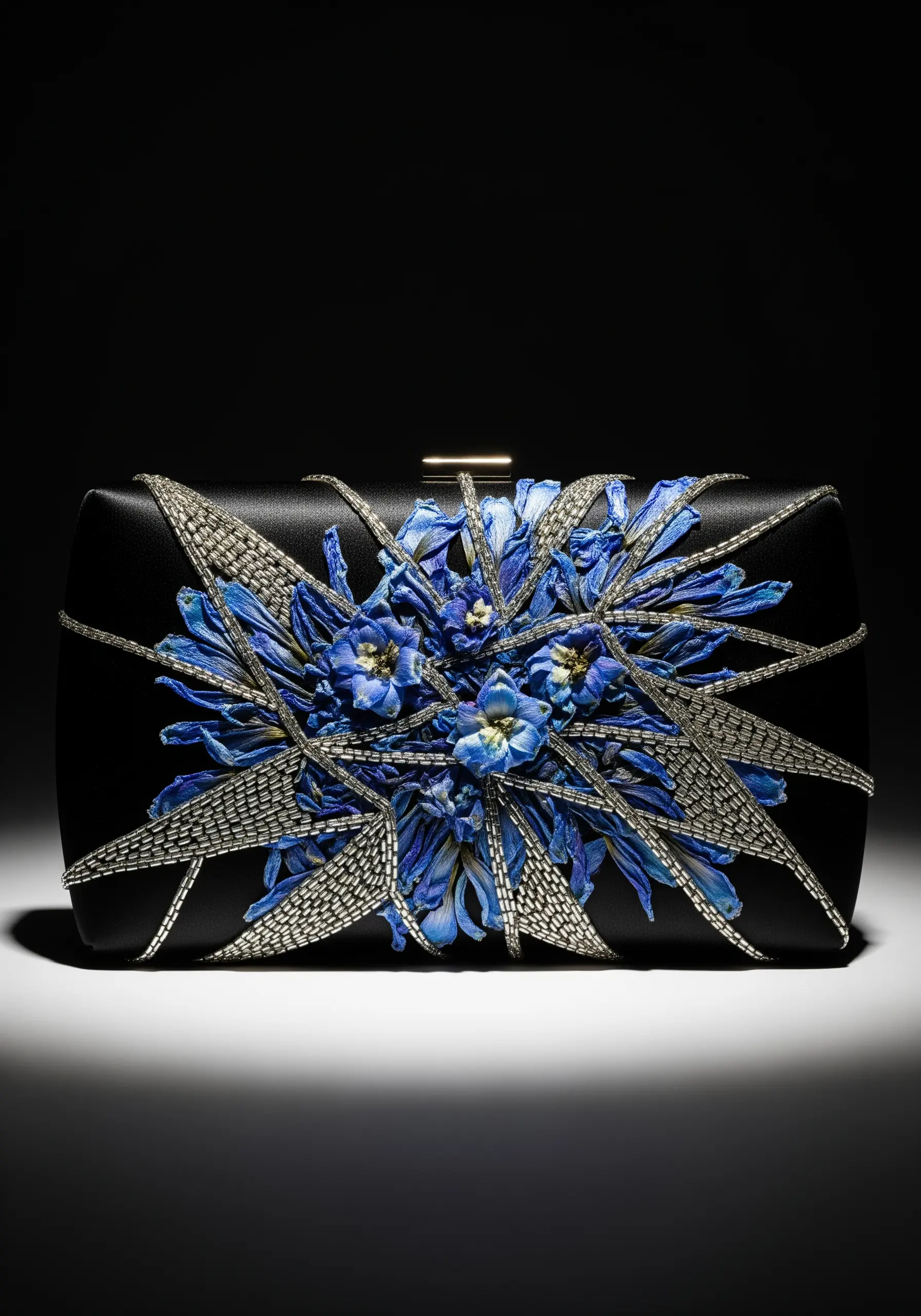 A black clutch bag with dried blue flowers held in place by a web of silver metallic embroidery.