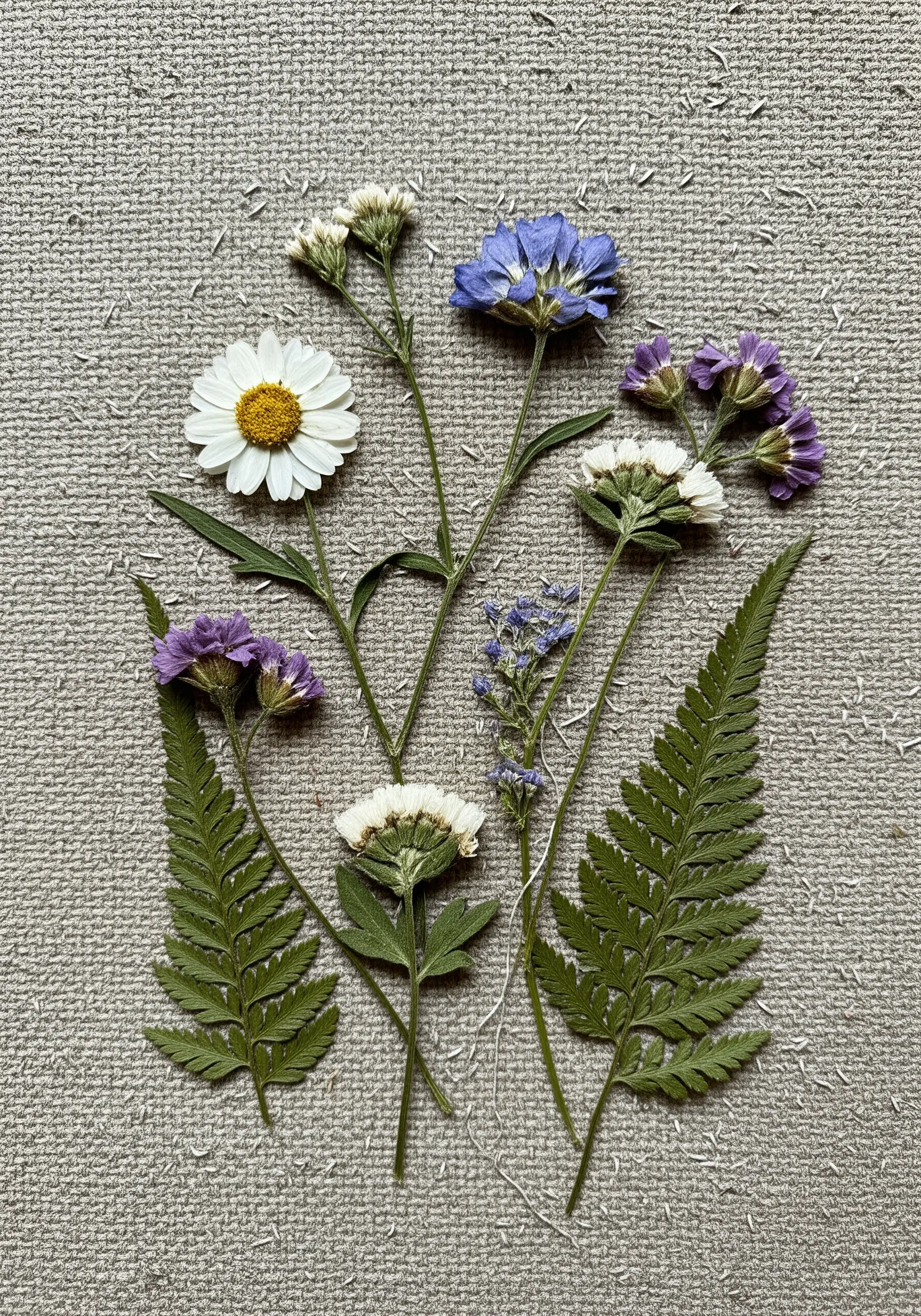 Pressed flowers and ferns arranged on fabric and secured with tiny stitches.