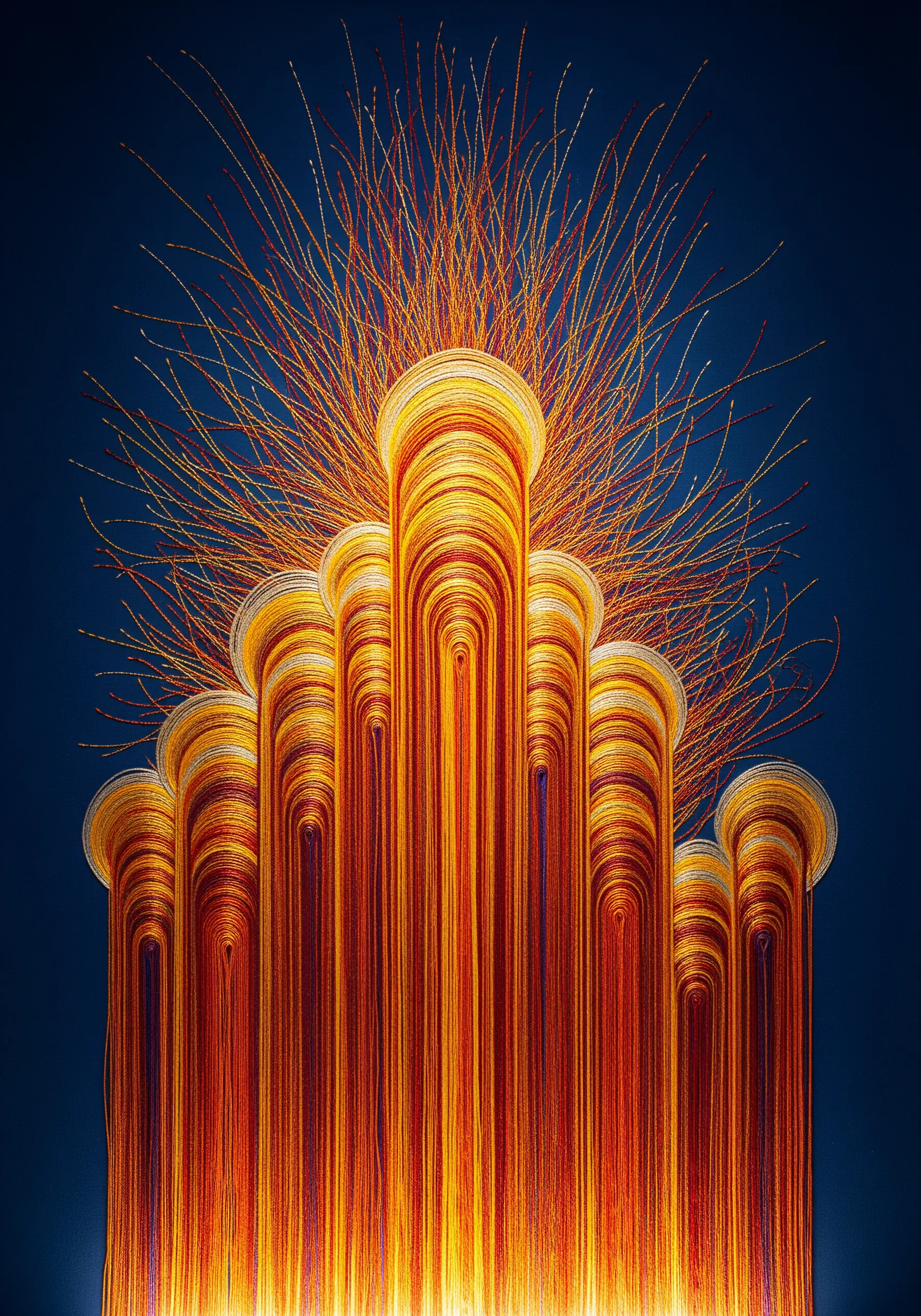 Abstract embroidery of a fountain erupting with vertical columns and radiating lines of thread.