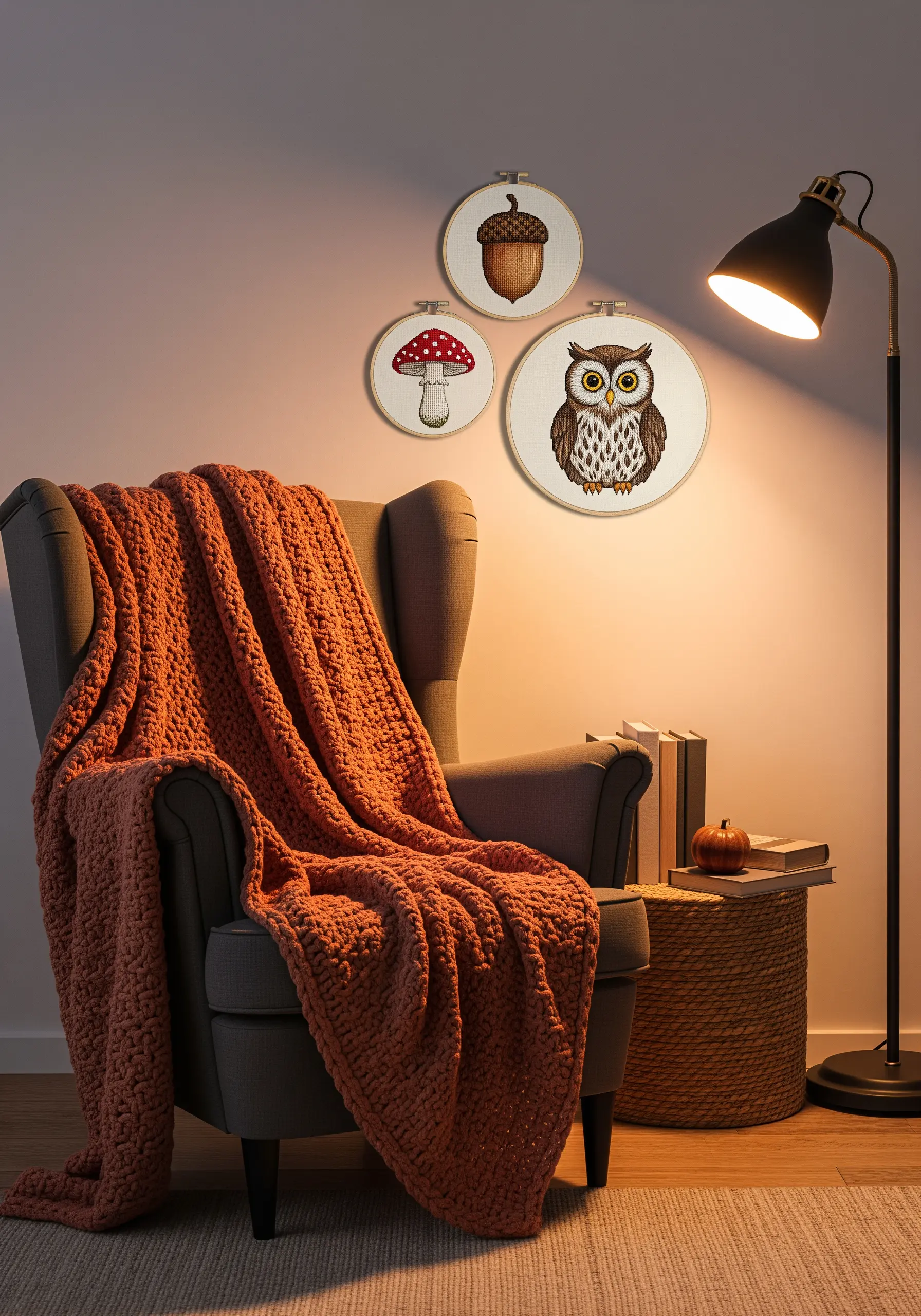 A trio of autumn-themed embroidery hoops—owl, mushroom, acorn—above a cozy armchair.