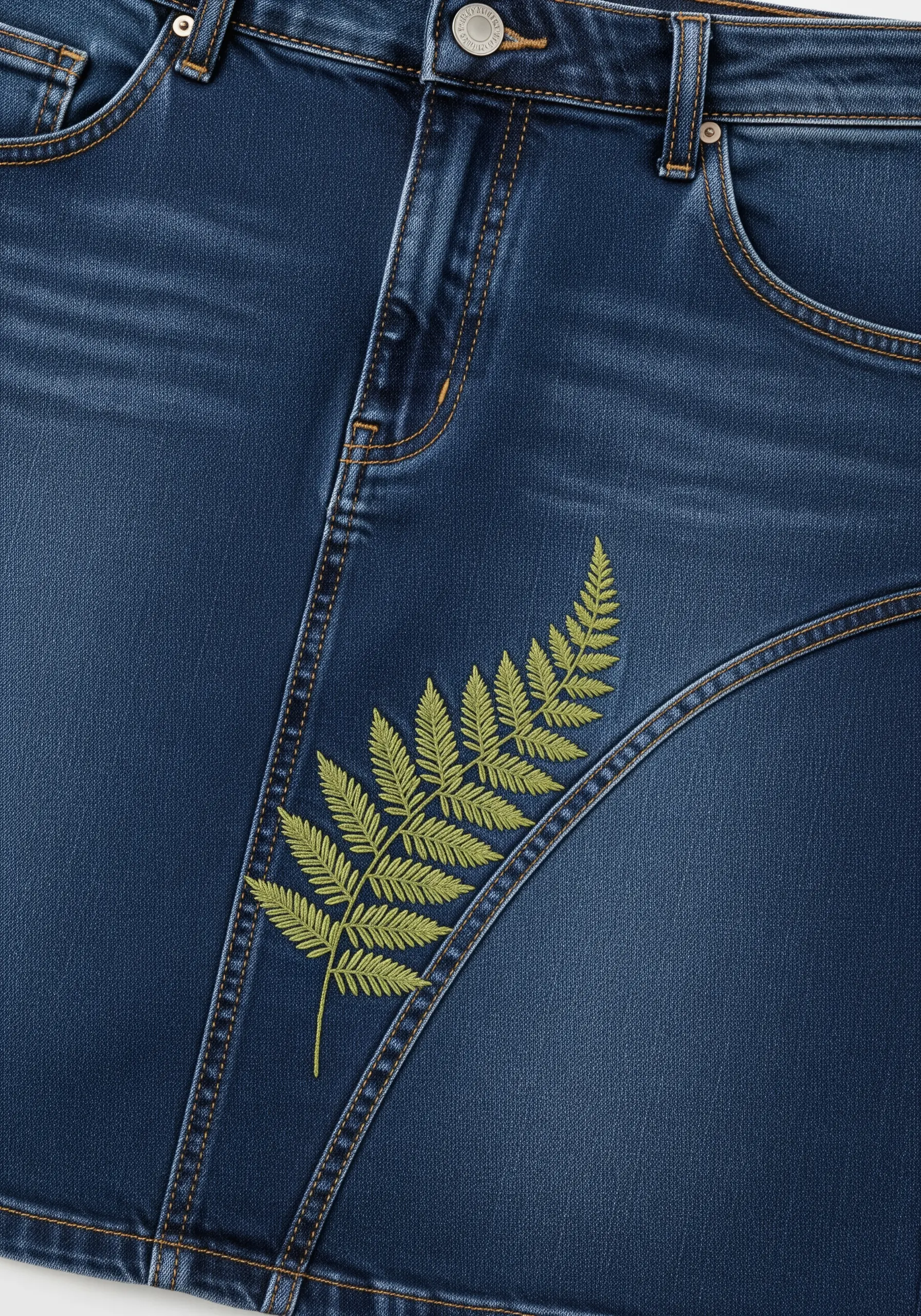 A single, detailed fern frond embroidered in olive green on a dark denim skirt.