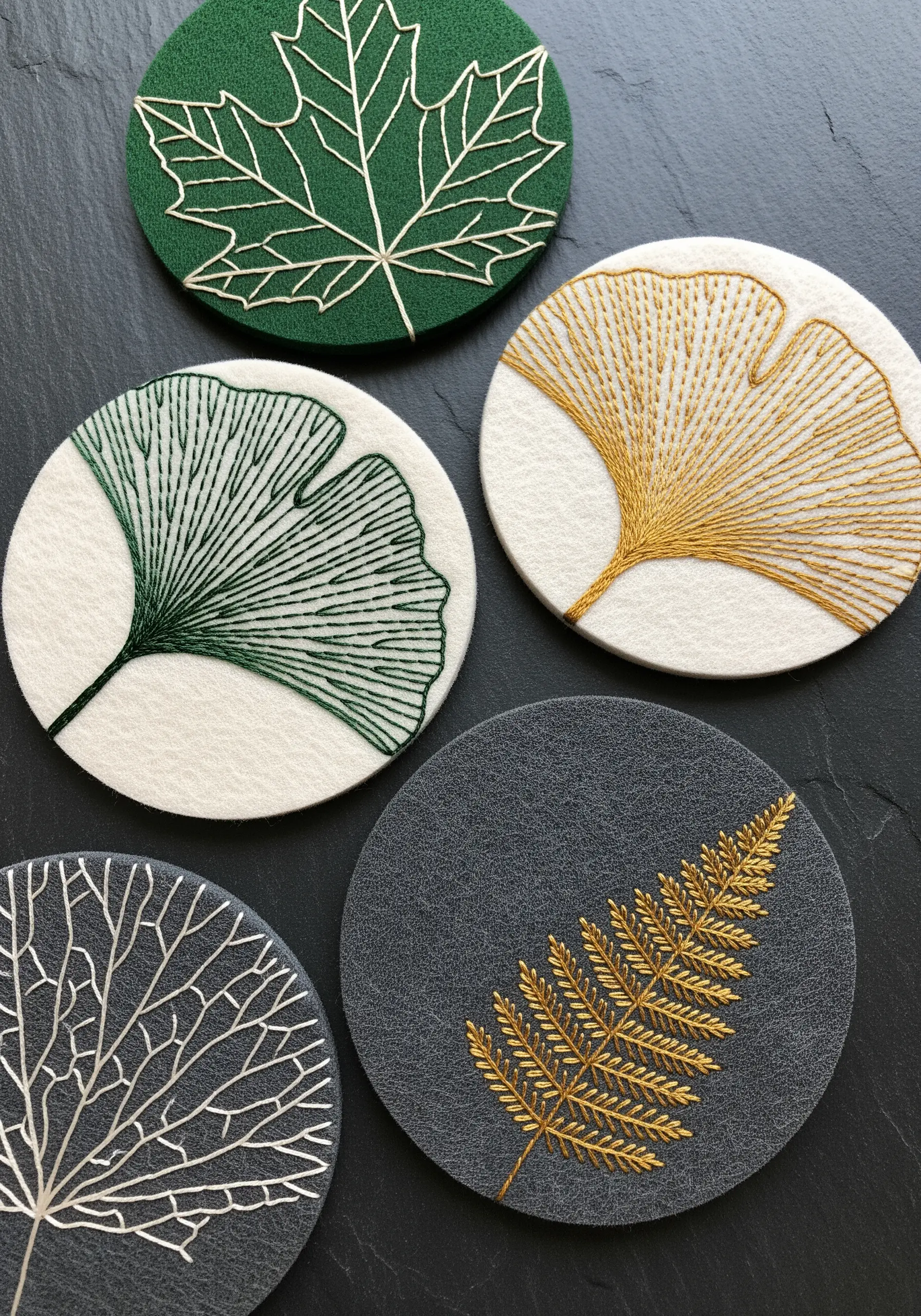 A collection of felt coasters embroidered with minimalist leaf vein patterns in gold, silver, and green thread.