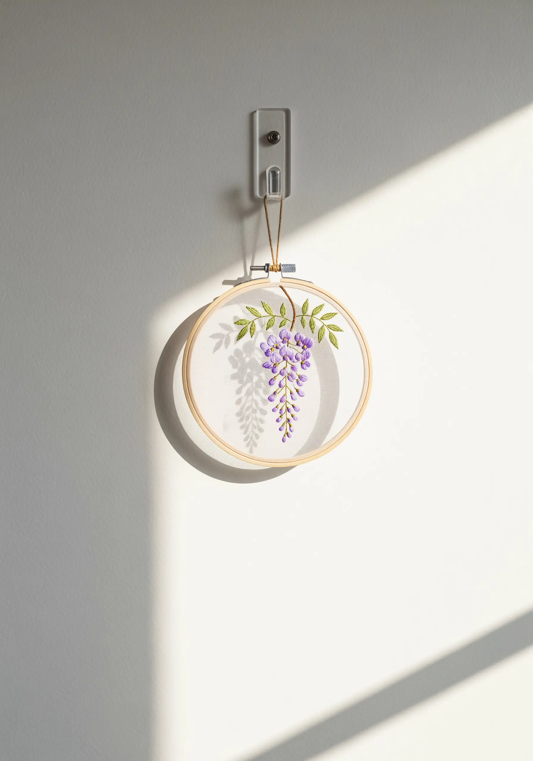 Delicate wisteria embroidery on sheer fabric in a hoop, casting a shadow on the wall.