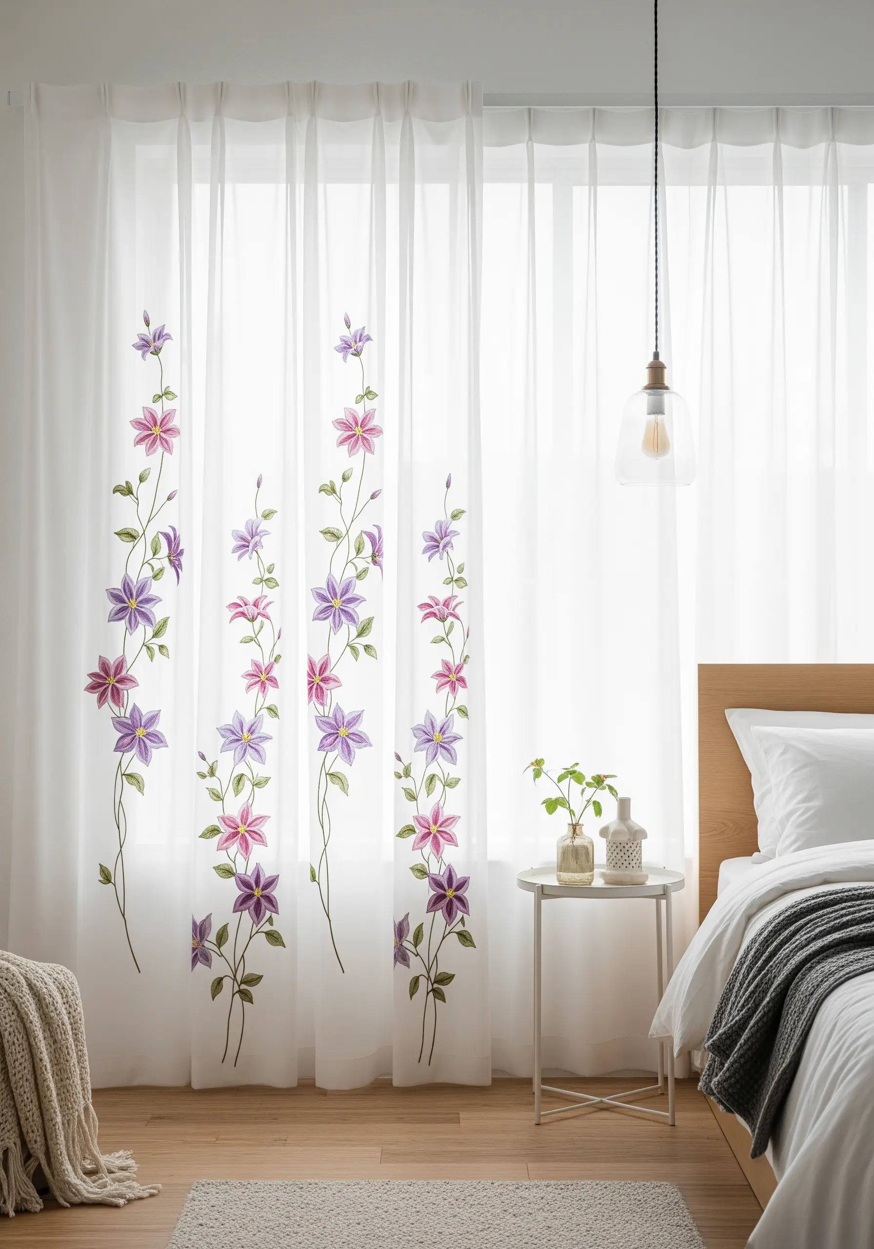 Delicate pink and purple clematis vines embroidered vertically on sheer white curtains.