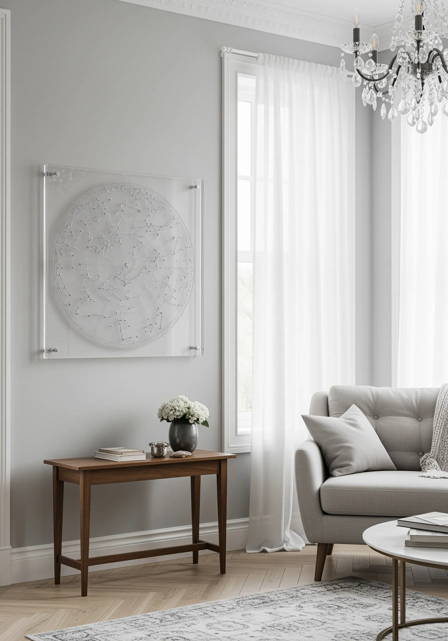 A constellation map stitched in white thread and framed in clear acrylic.