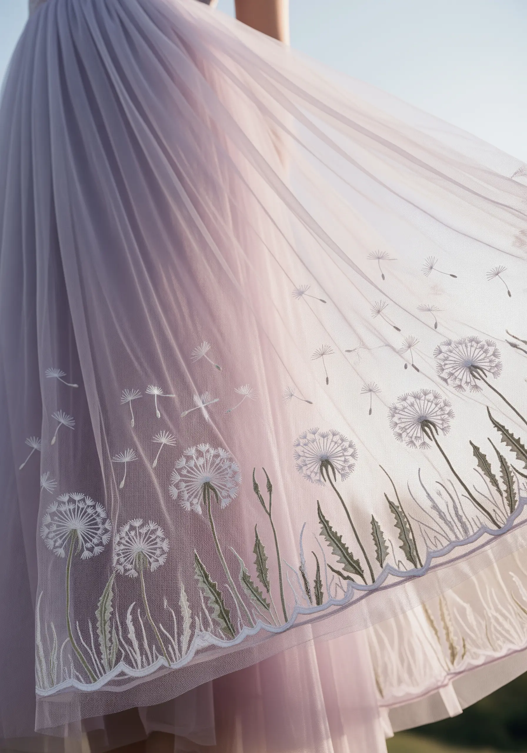 Lilac tulle dress with delicate white dandelion seed embroidery