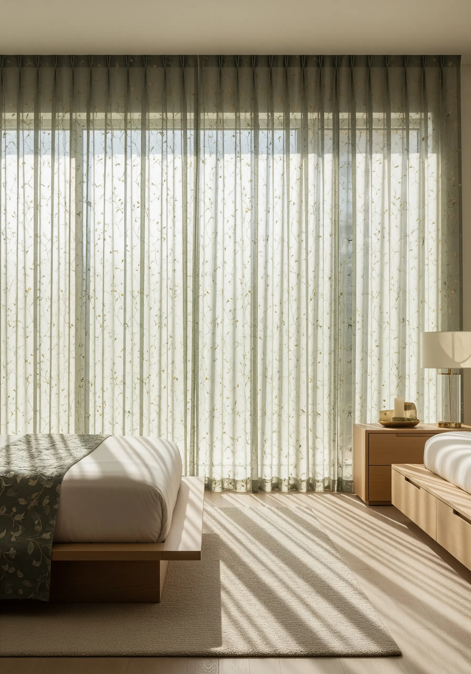 Sheer curtains with vertical green vine embroidery