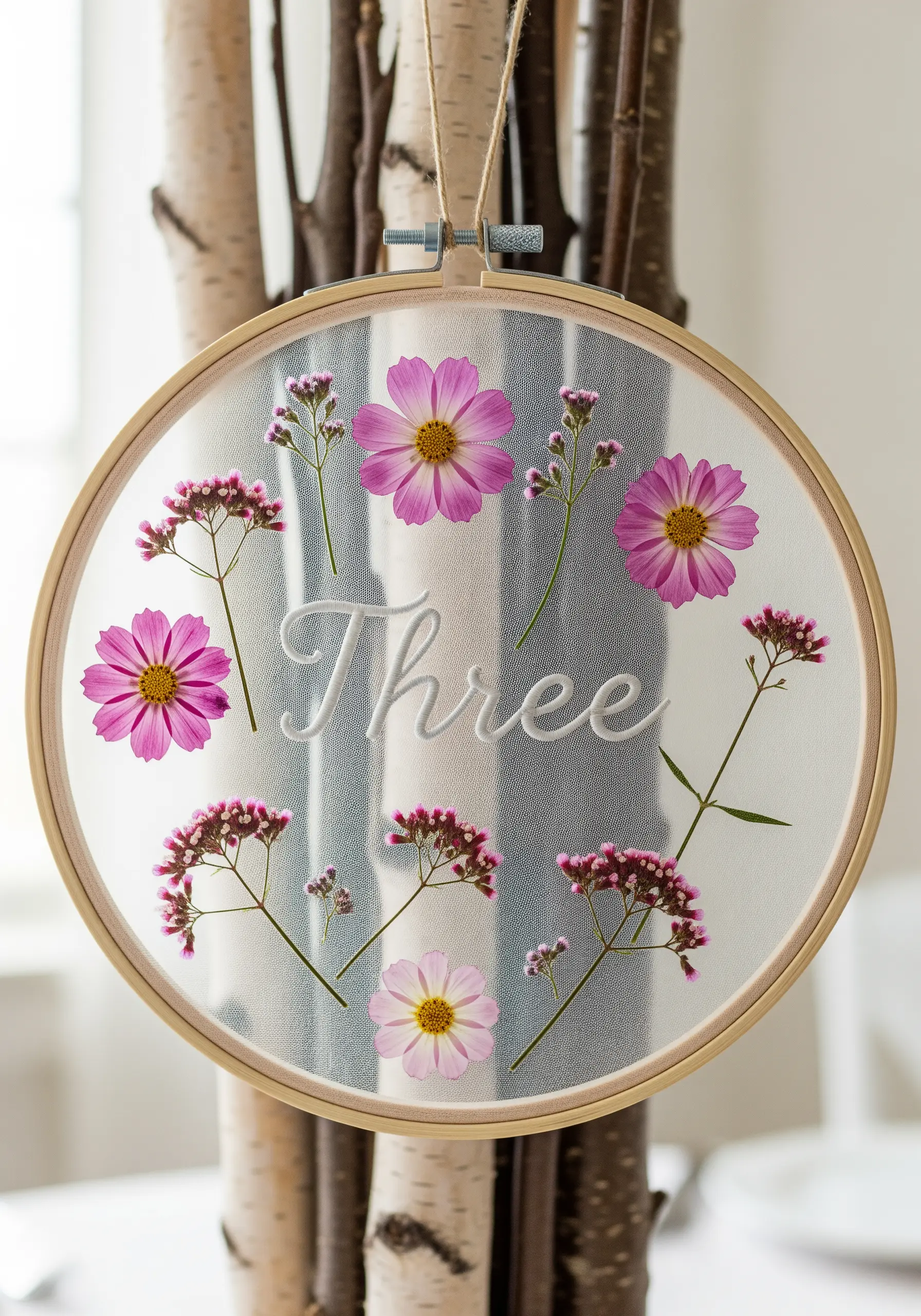 A wedding table number embroidered in white on sheer fabric with pressed cosmos flowers.