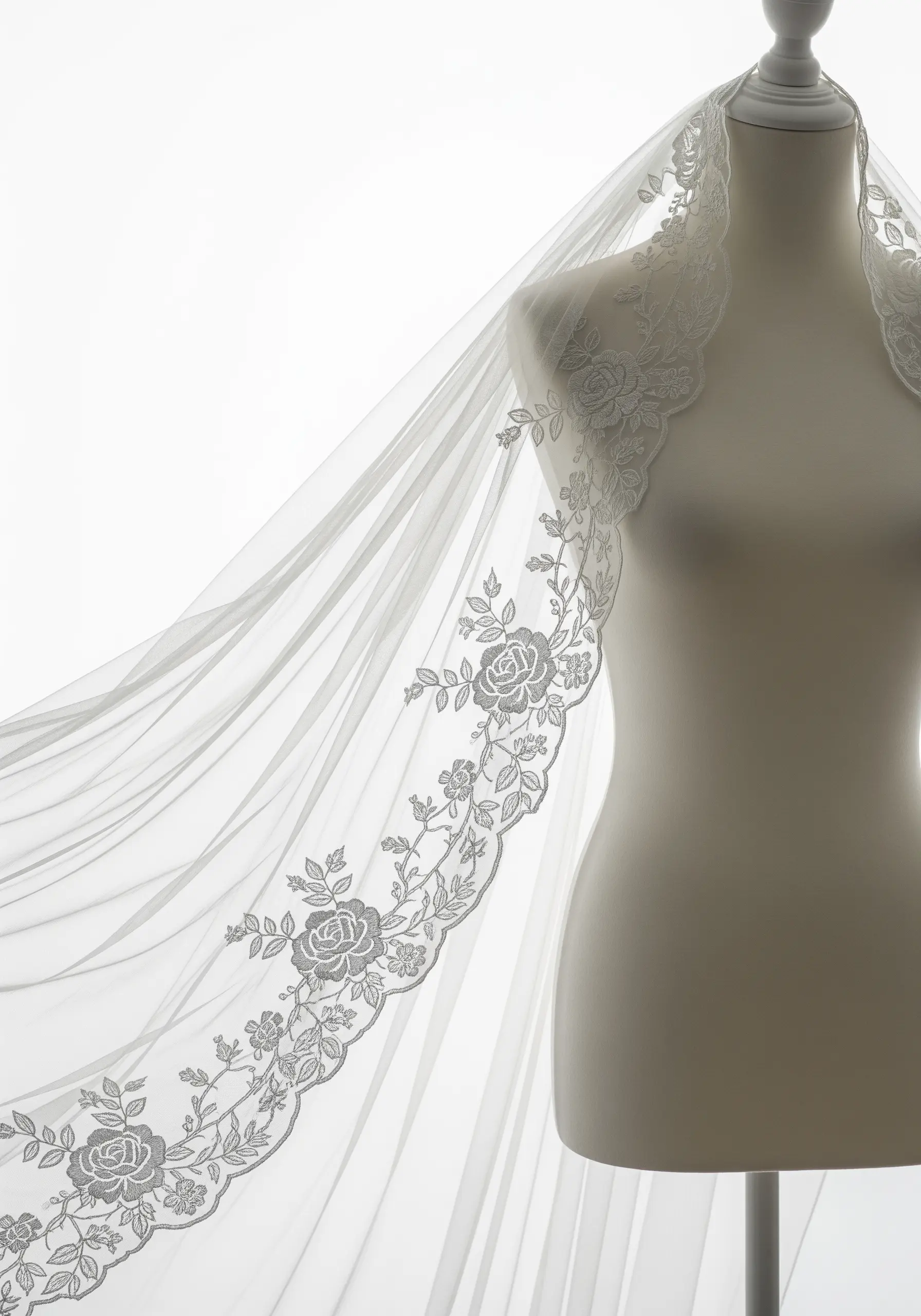 White rose embroidery on sheer tulle wedding veil