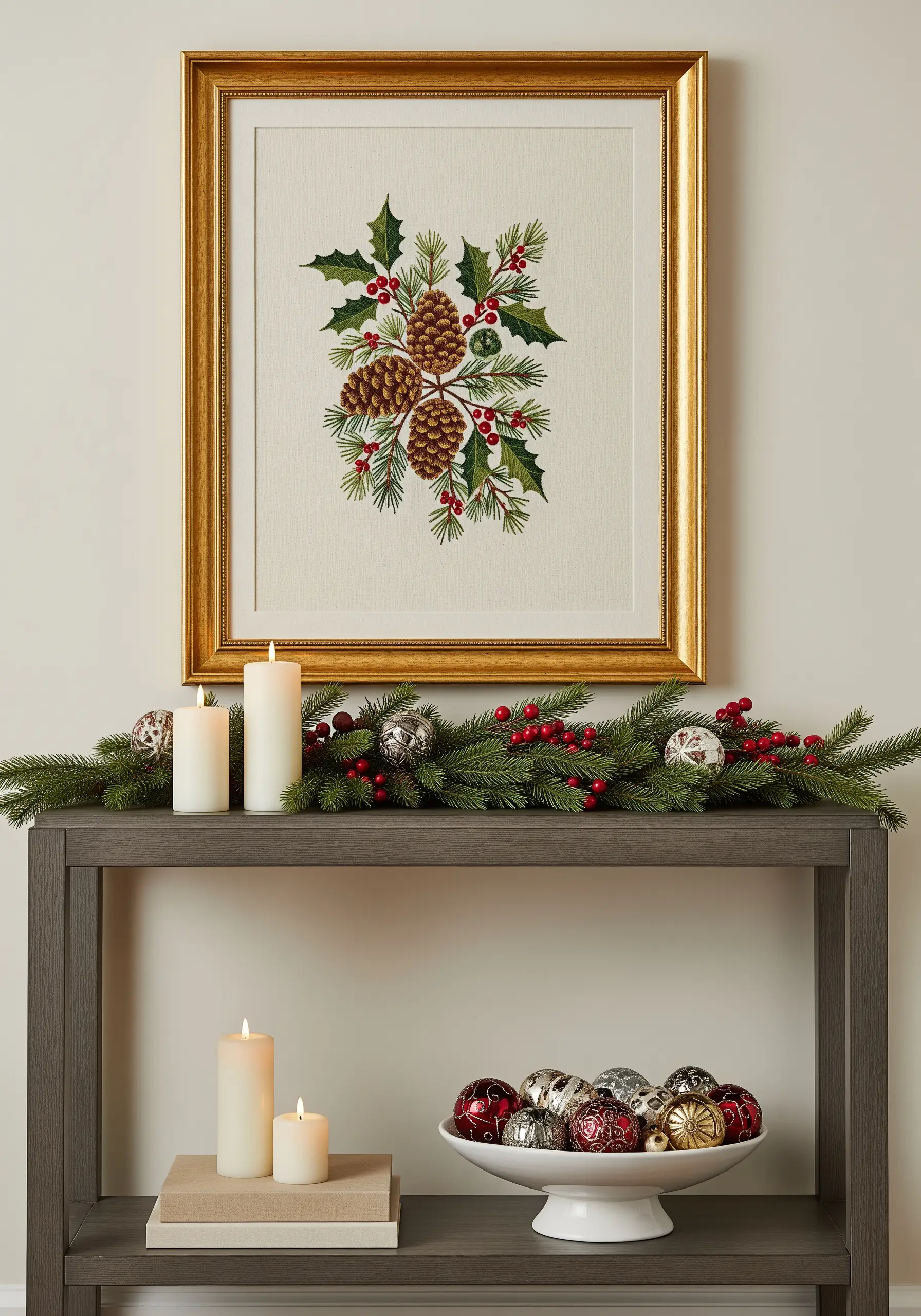 A classic embroidery of pinecones, holly, and red berries in an ornate gold frame.