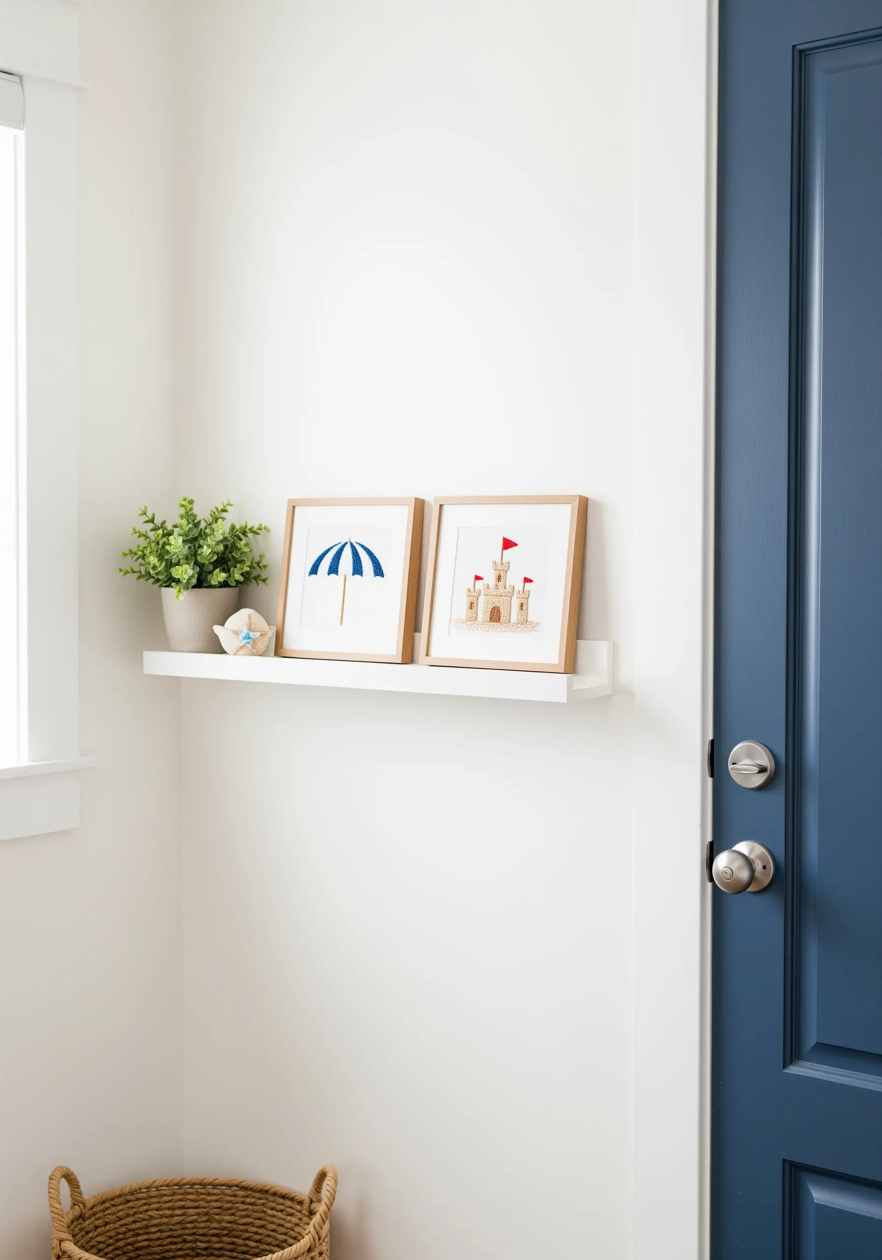 Two minimalist beach-themed embroideries—a sandcastle and an umbrella—in frames on a shelf.