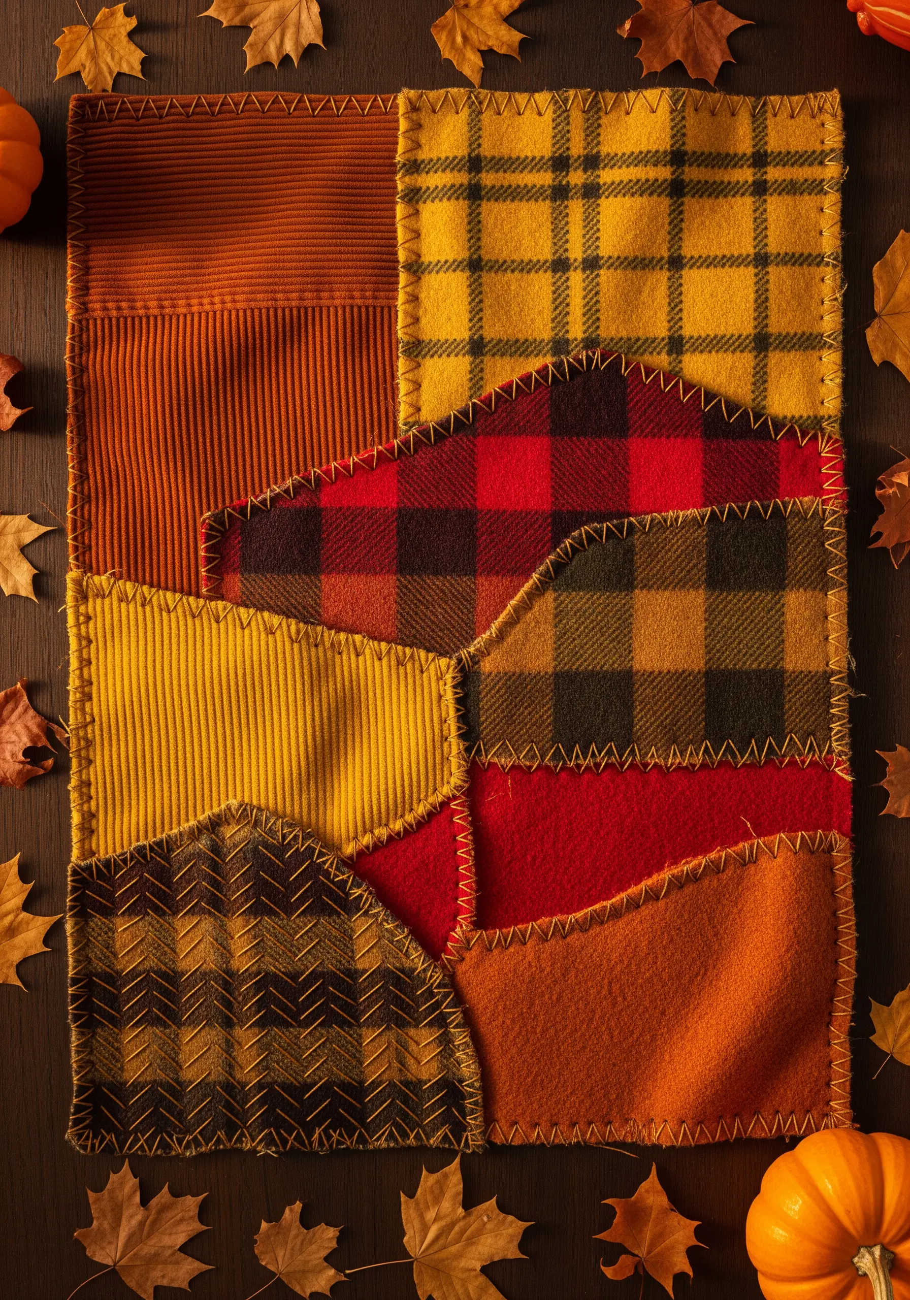 An autumnal fabric collage with plaid, corduroy, and wool in shades of red, yellow, and orange.