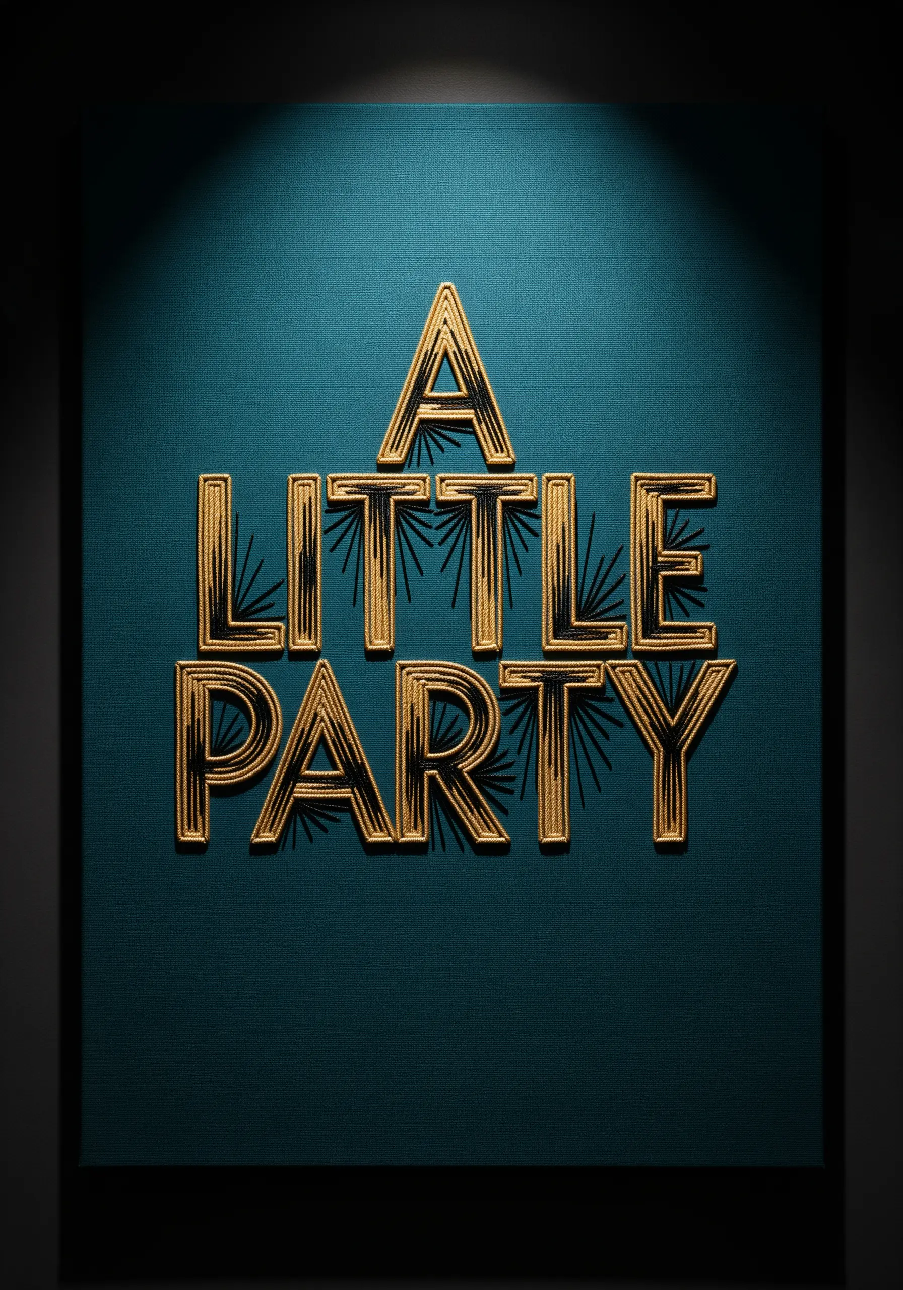 Art Deco typography in gold satin stitch with black line accents on a teal canvas.