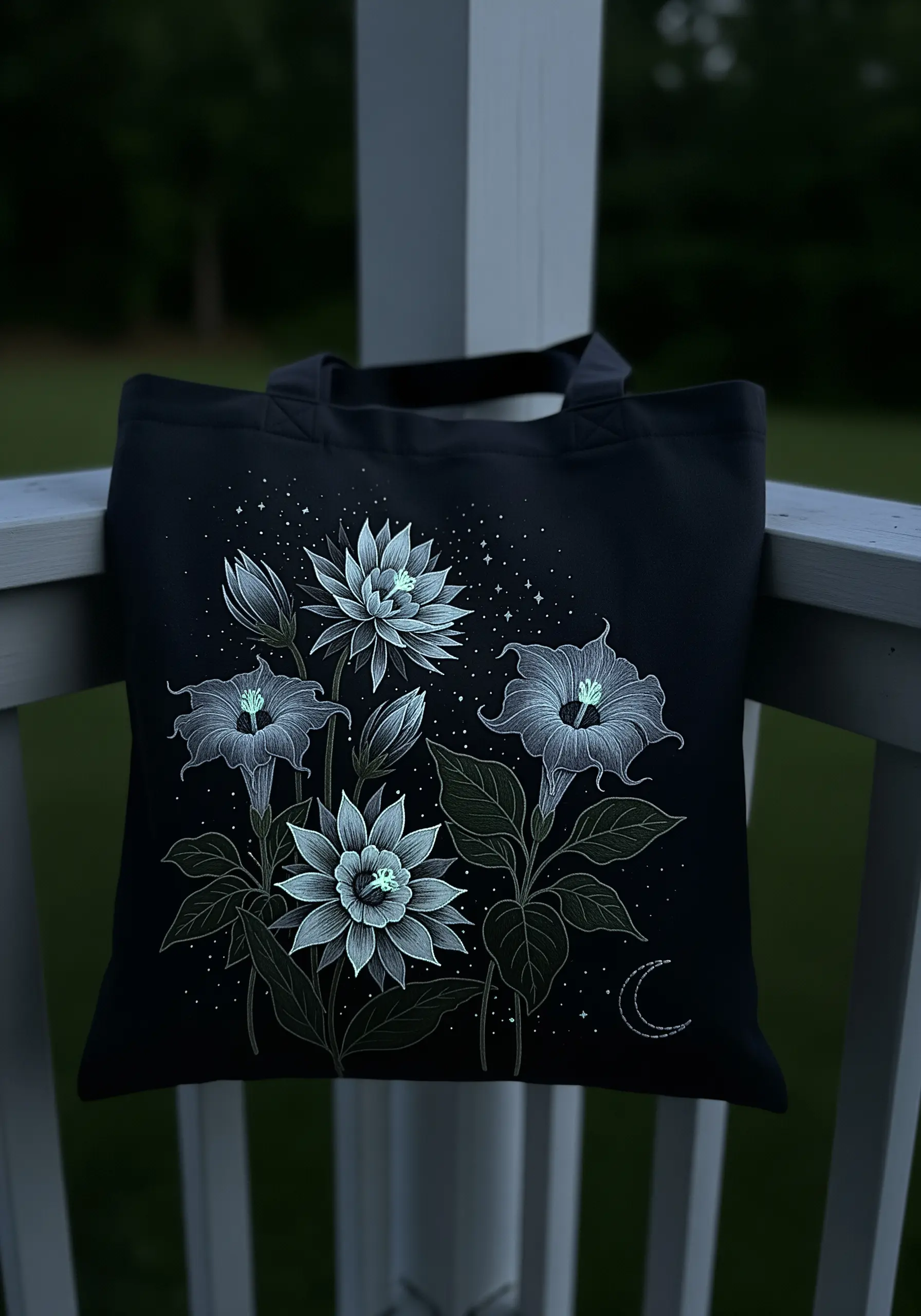 Ethereal night-blooming flowers embroidered in white and silver on a black tote bag.
