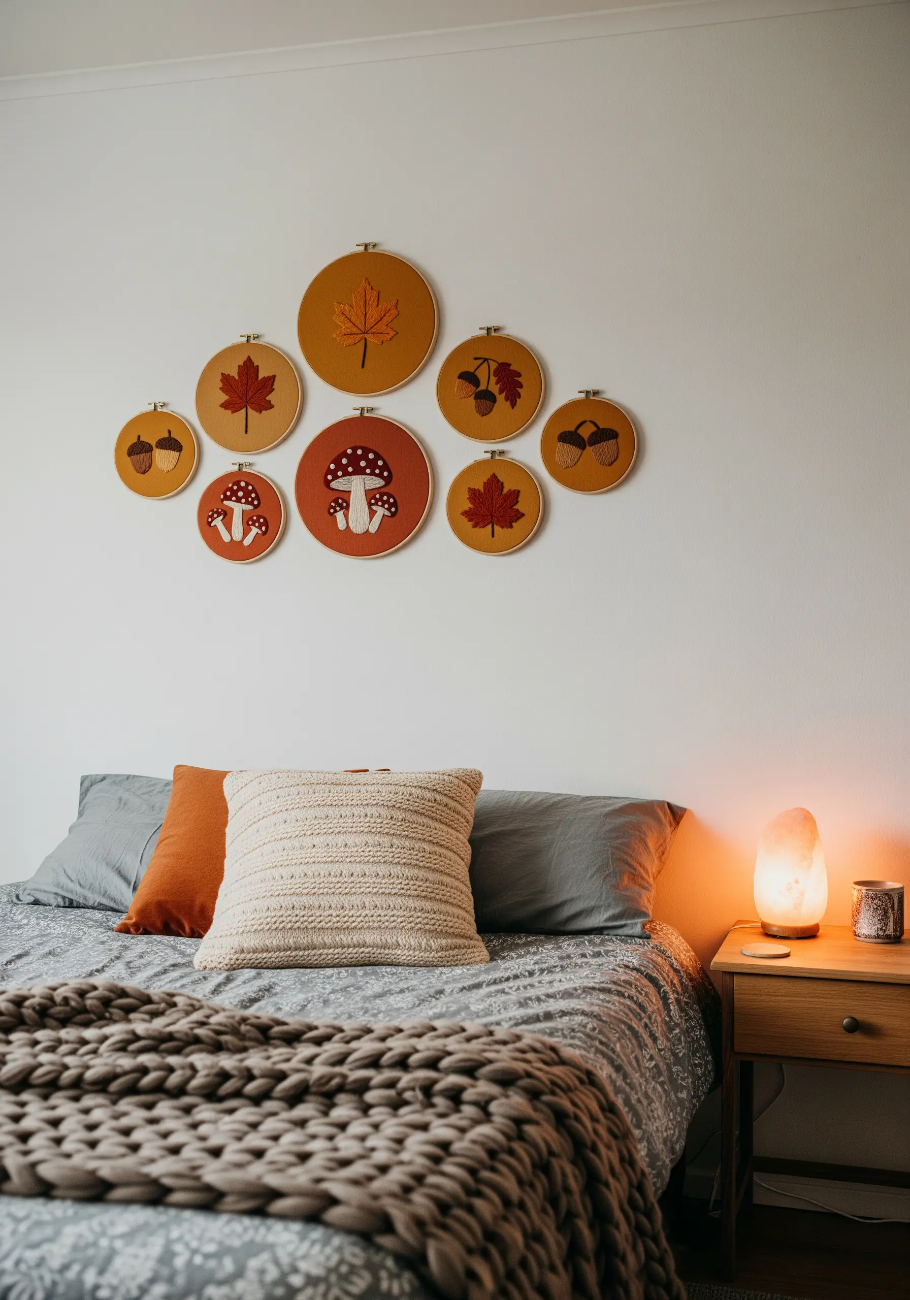 A collection of autumn-themed embroidery hoops with felt appliqué leaves and mushrooms.