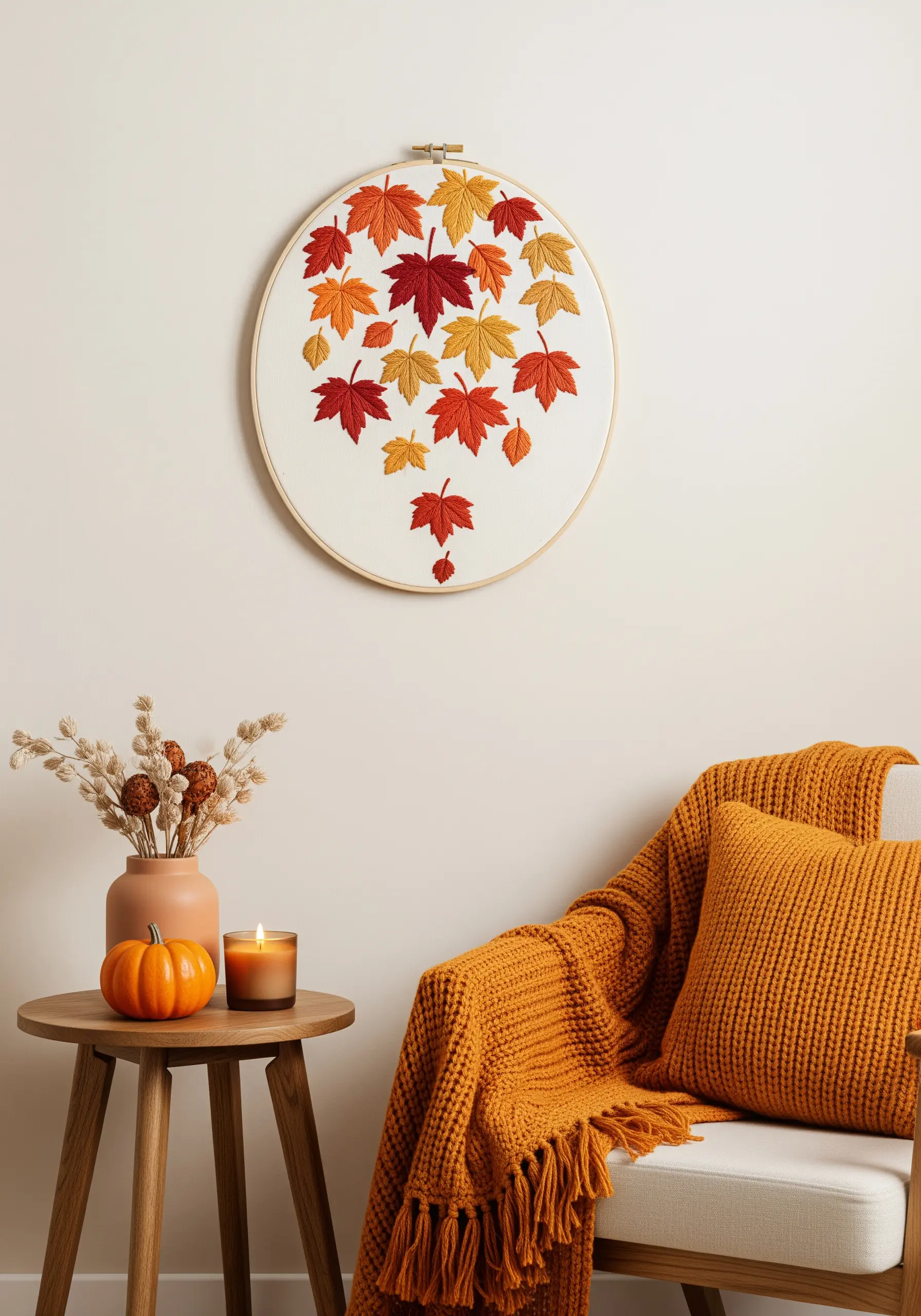 An embroidery hoop filled with cascading autumn leaves in red, orange, and yellow.
