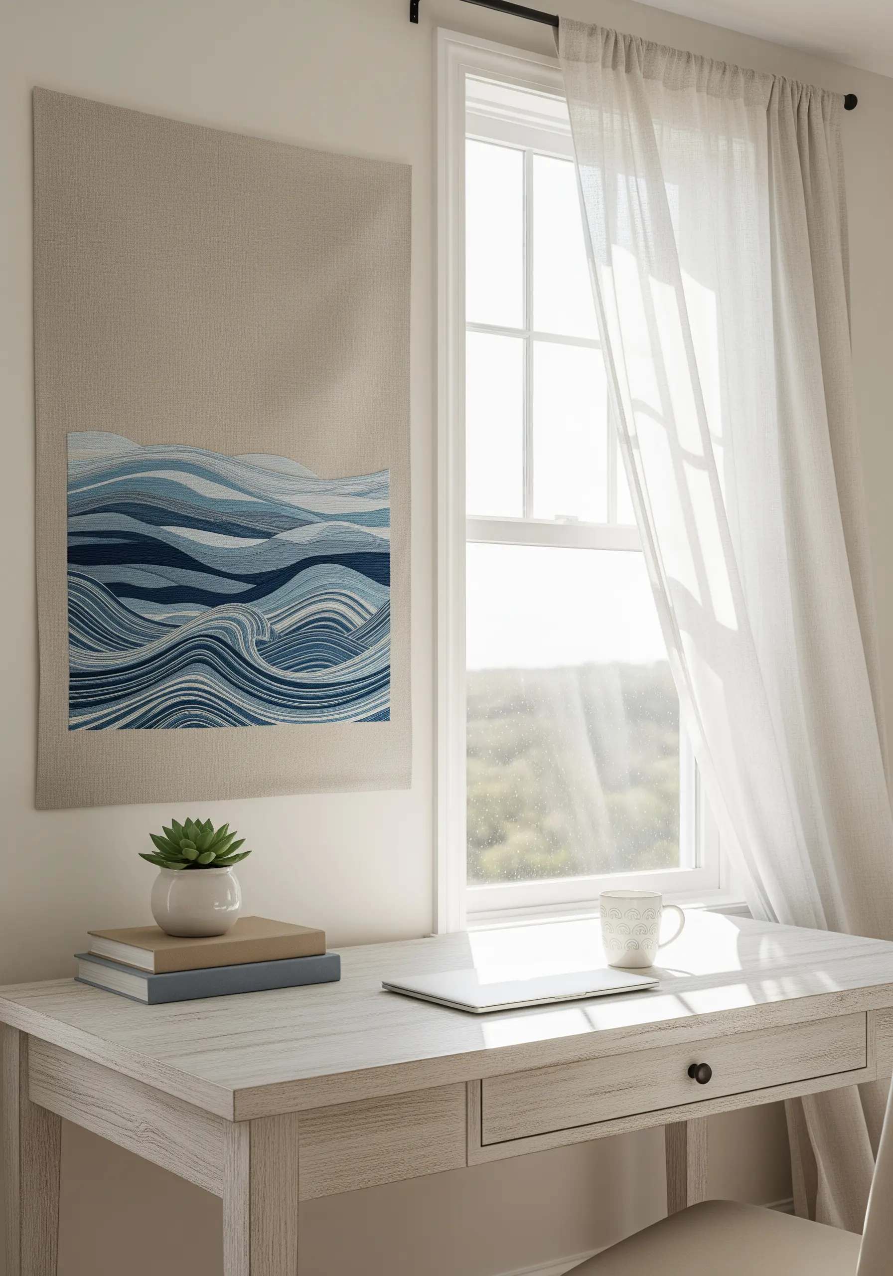 A large linen wall hanging with an abstract, thread-painted wave pattern in shades of blue.