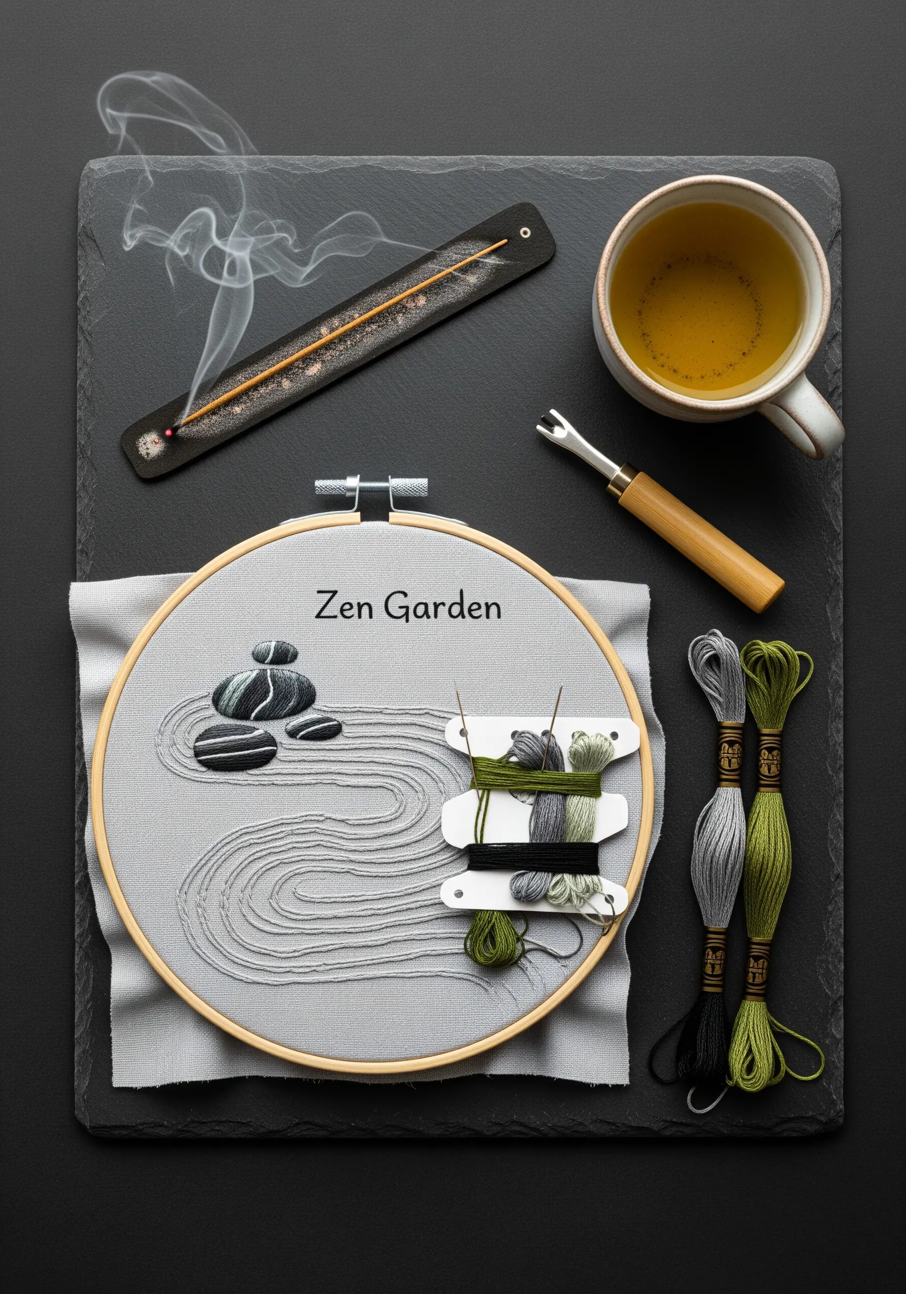A minimalist Zen garden embroidery with stacked stones and raked sand patterns on grey fabric.