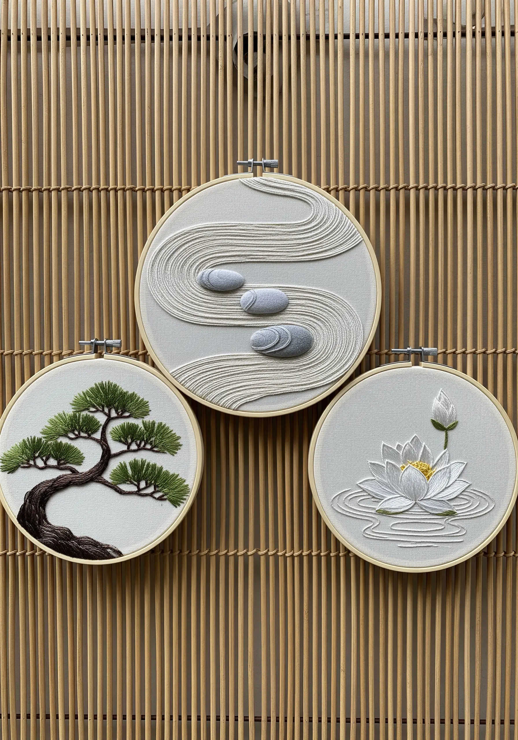 A Japanese zen garden triptych with a bonsai tree, a water lily, and raked sand with stones.