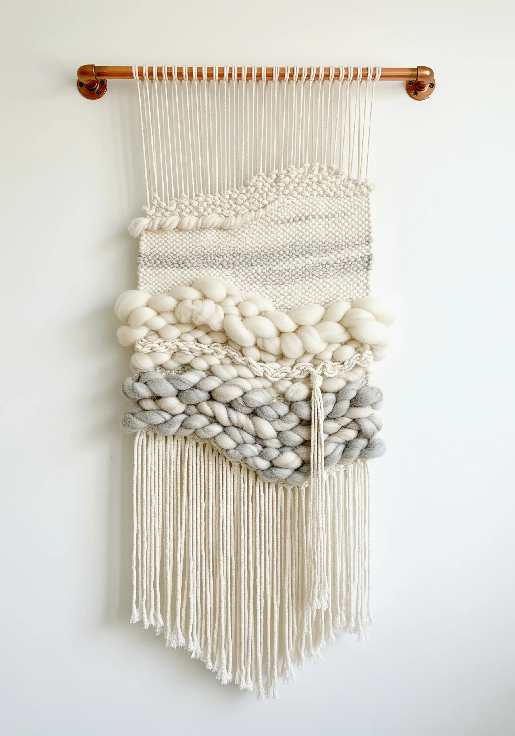 A neutral-toned woven wall hanging with puffy wool roving and braided textures.