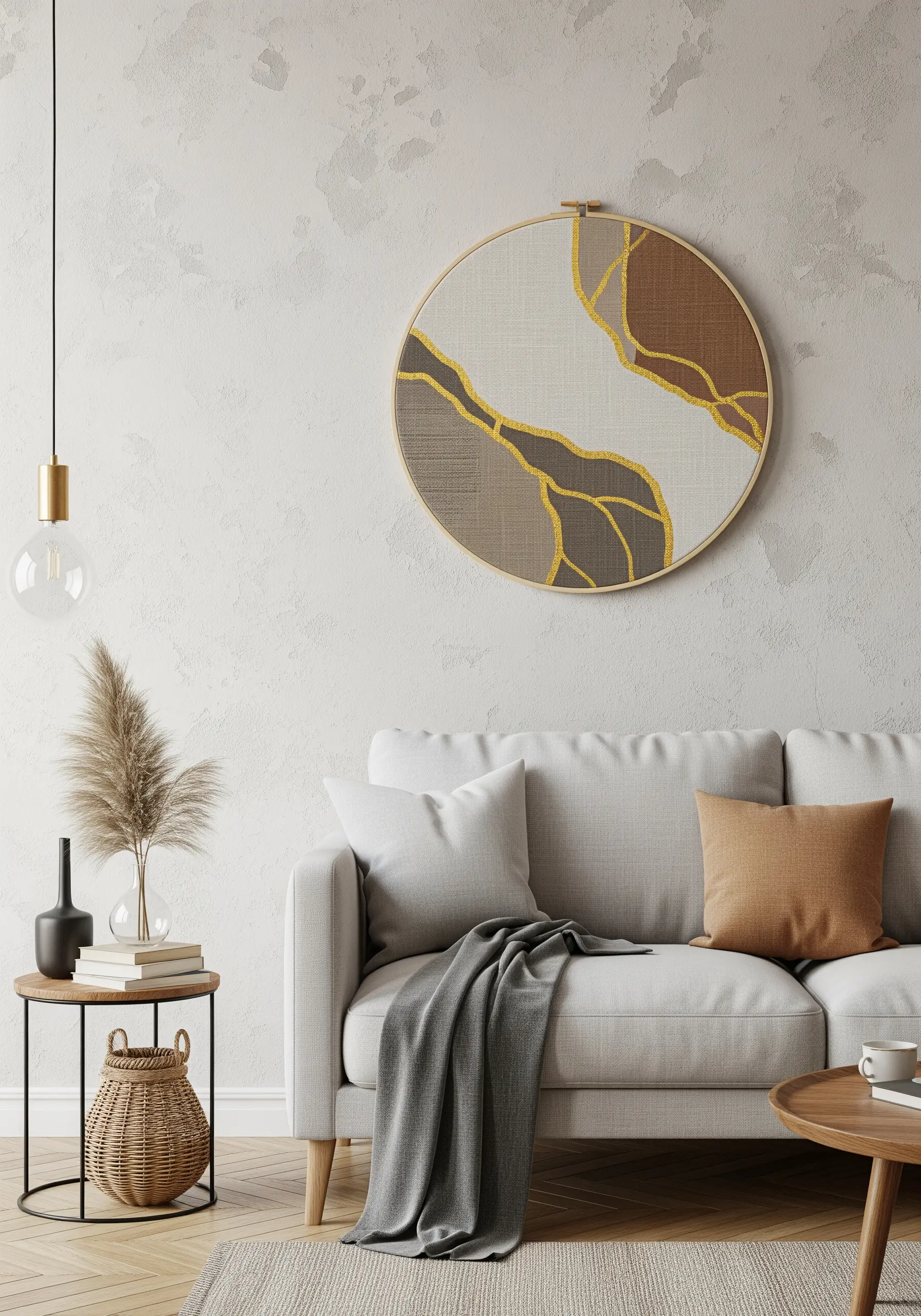 Abstract hoop art with earthy color blocks outlined in shimmering gold thread.