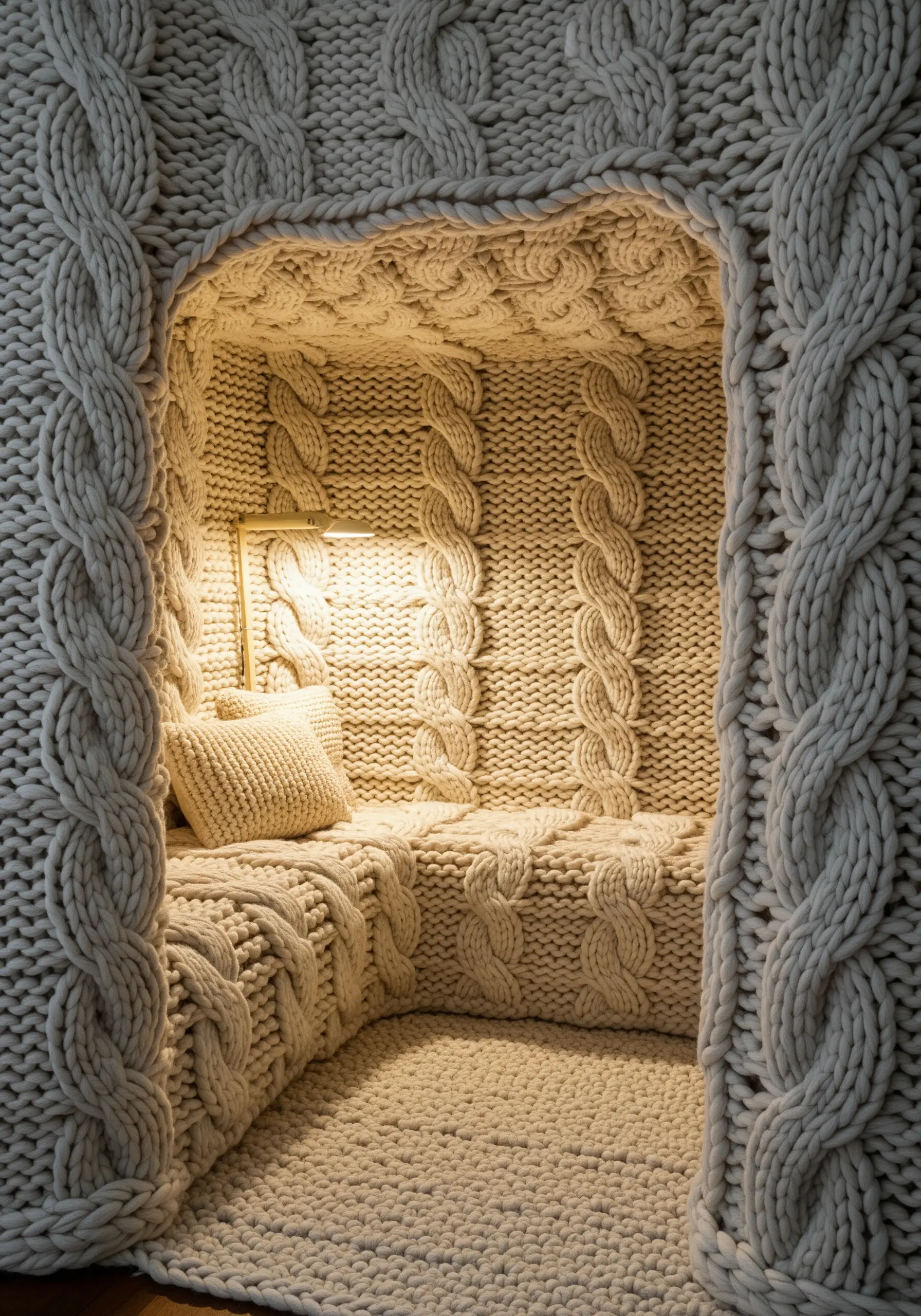 A cozy reading nook built entirely from giant, cream-colored knitted cable patterns.