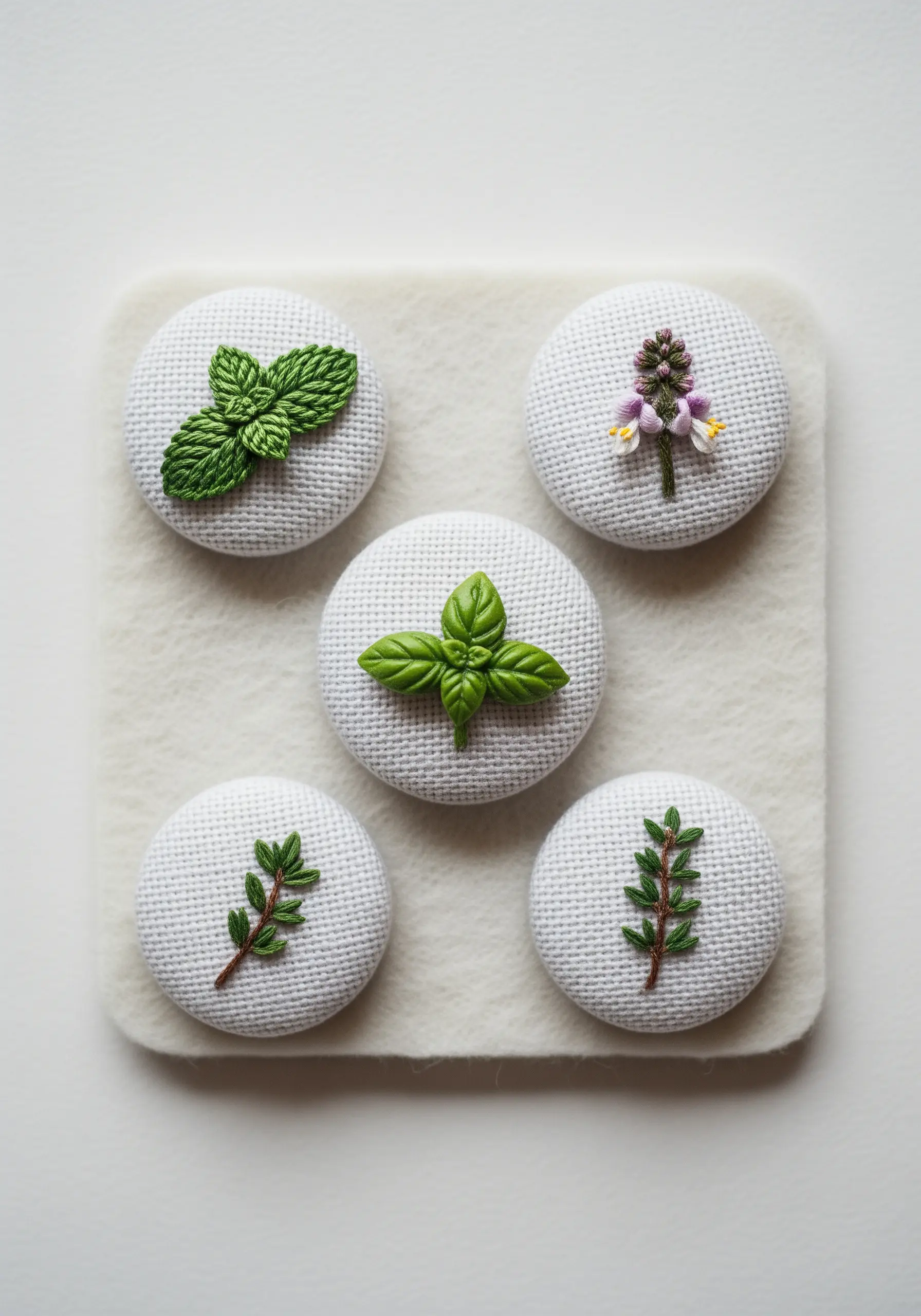 Tiny, fabric-covered buttons, each featuring a single, perfectly stitched herb or blossom.
