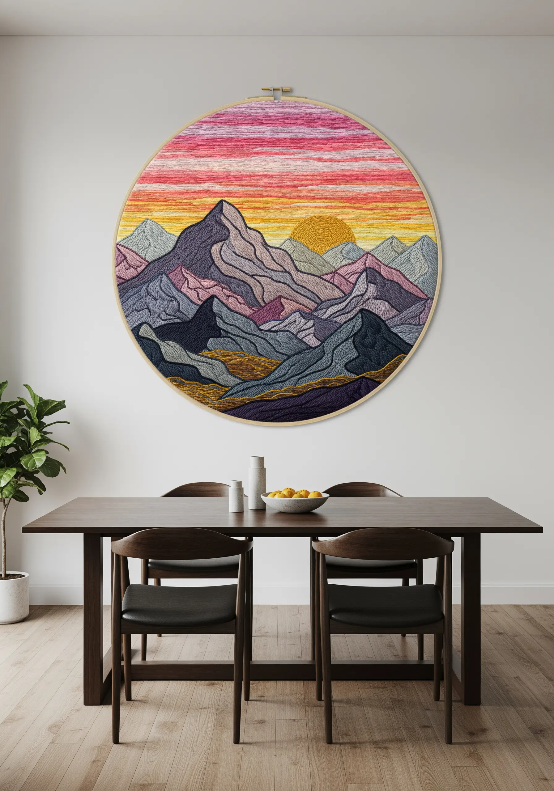 A very large embroidery hoop filled with a colorful, modern mountain landscape.
