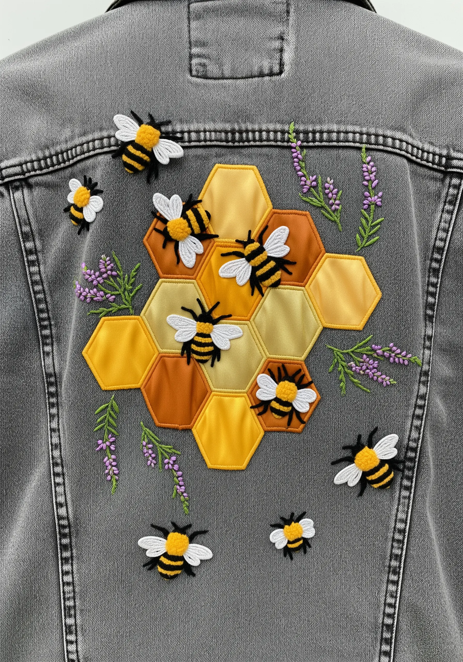 Honeycomb appliqué with 3D embroidered bees on the back of a grey denim jacket.