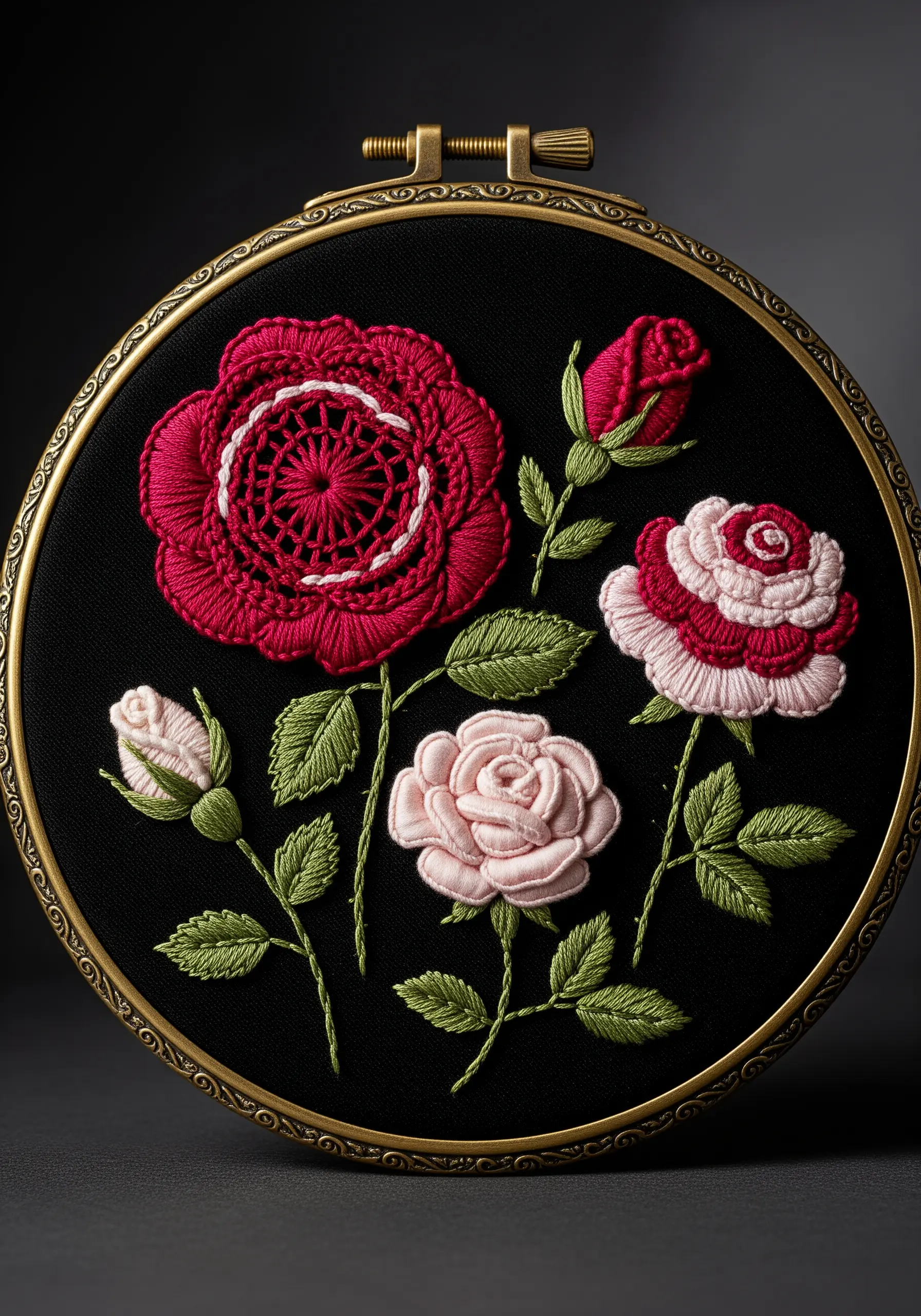 Elaborate rose embroidery on black fabric using needle lace techniques and padded satin stitch.
