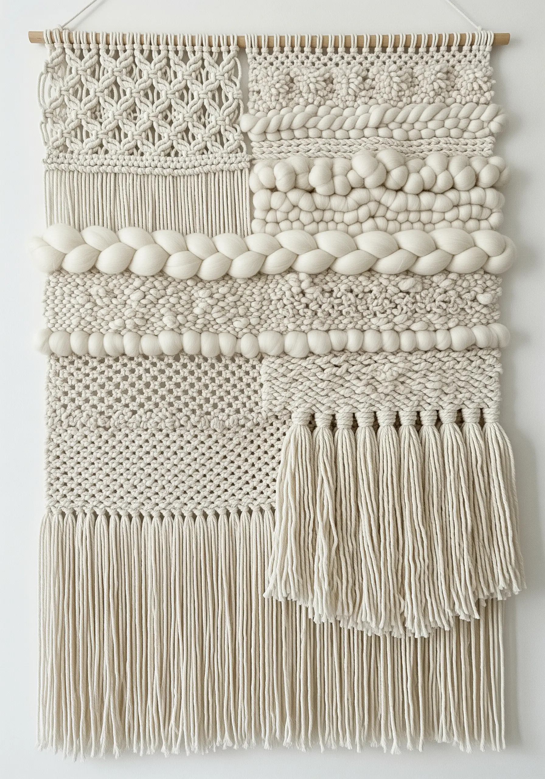 A cream-colored woven wall hanging featuring a sampler of different knots and textures.