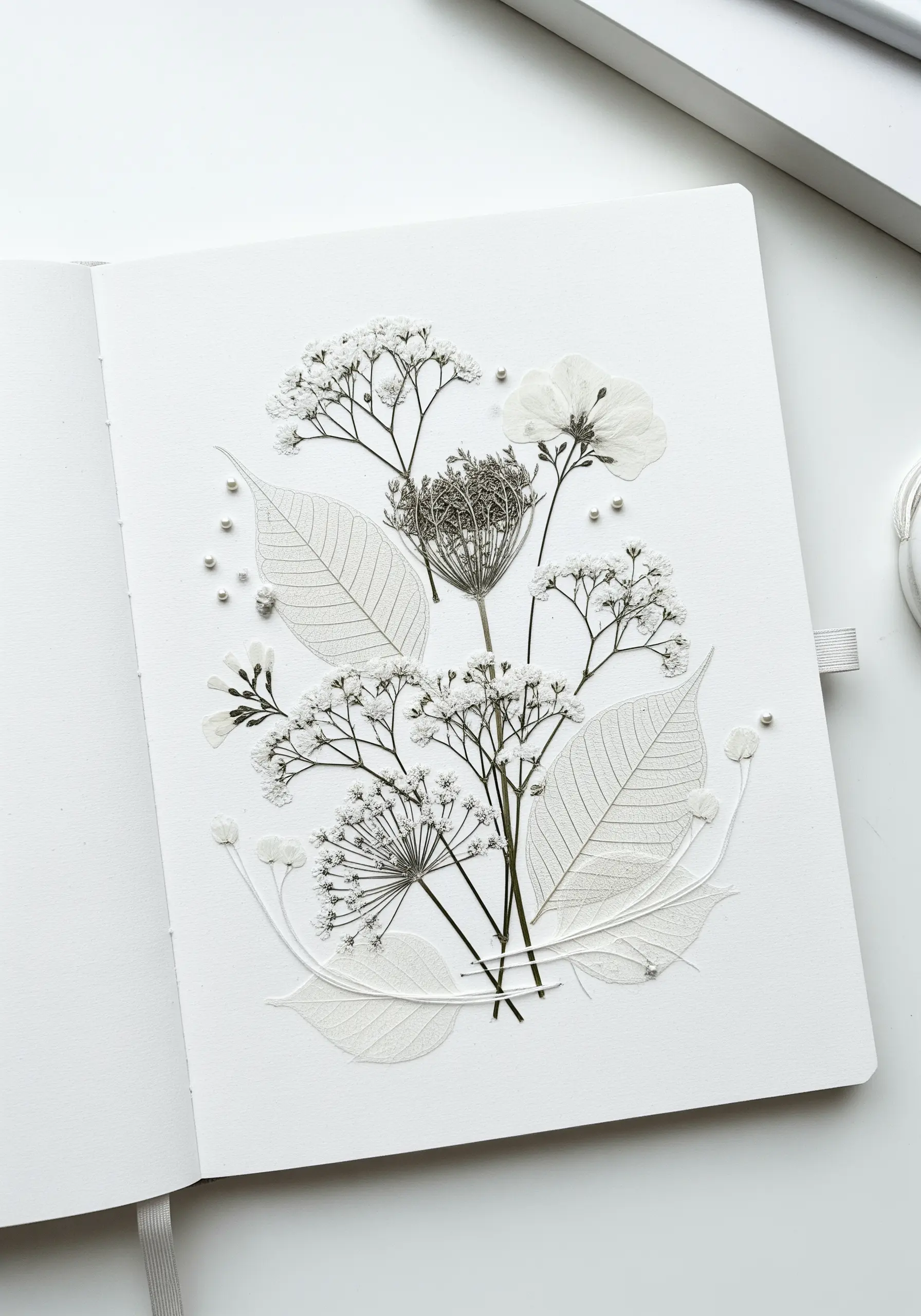 A monochromatic arrangement of white pressed flowers, skeleton leaves, and beads.