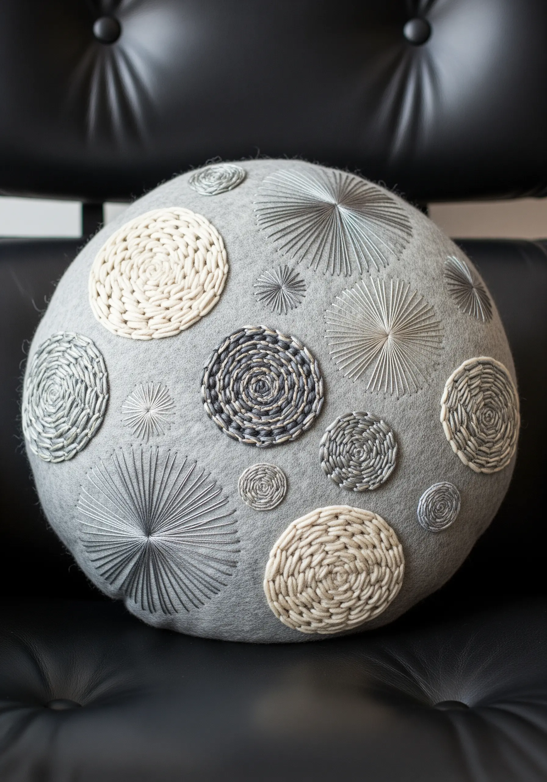 A round grey pillow decorated with multiple embroidered circles in varying textures and sizes.
