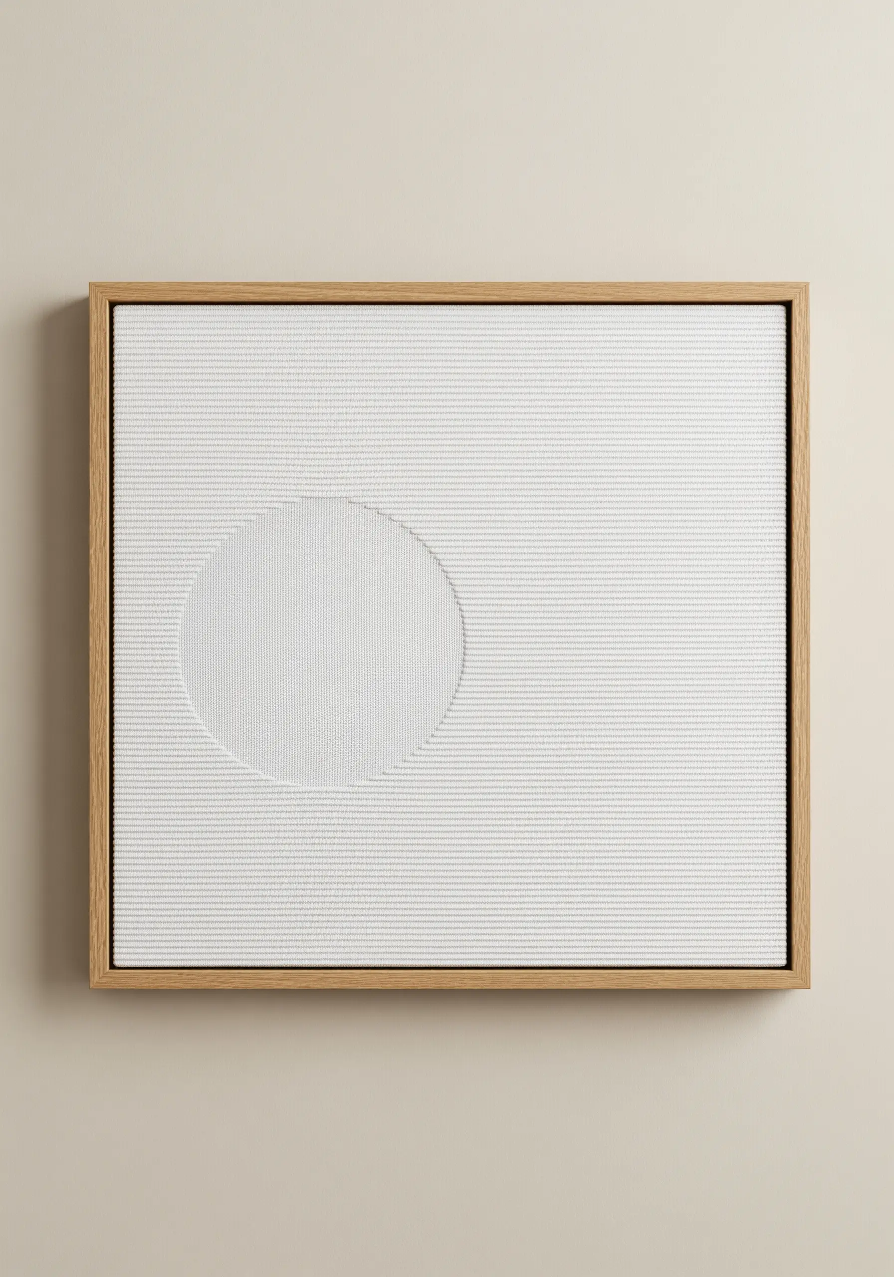 A minimalist white-on-white embroidery creating a textured circle through varied stitch direction.
