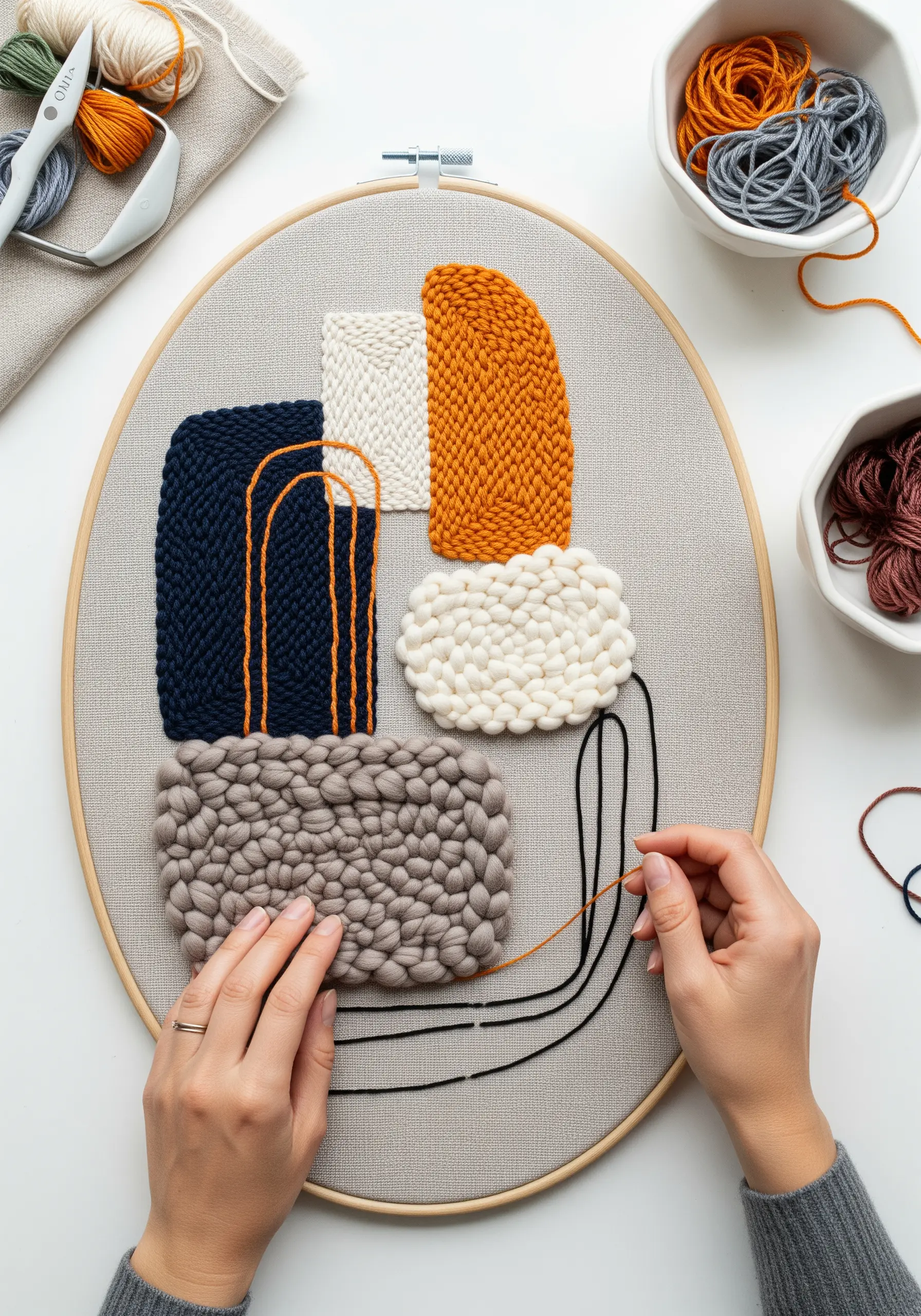 Abstract hoop art combining chunky yarn weaving and traditional embroidery.