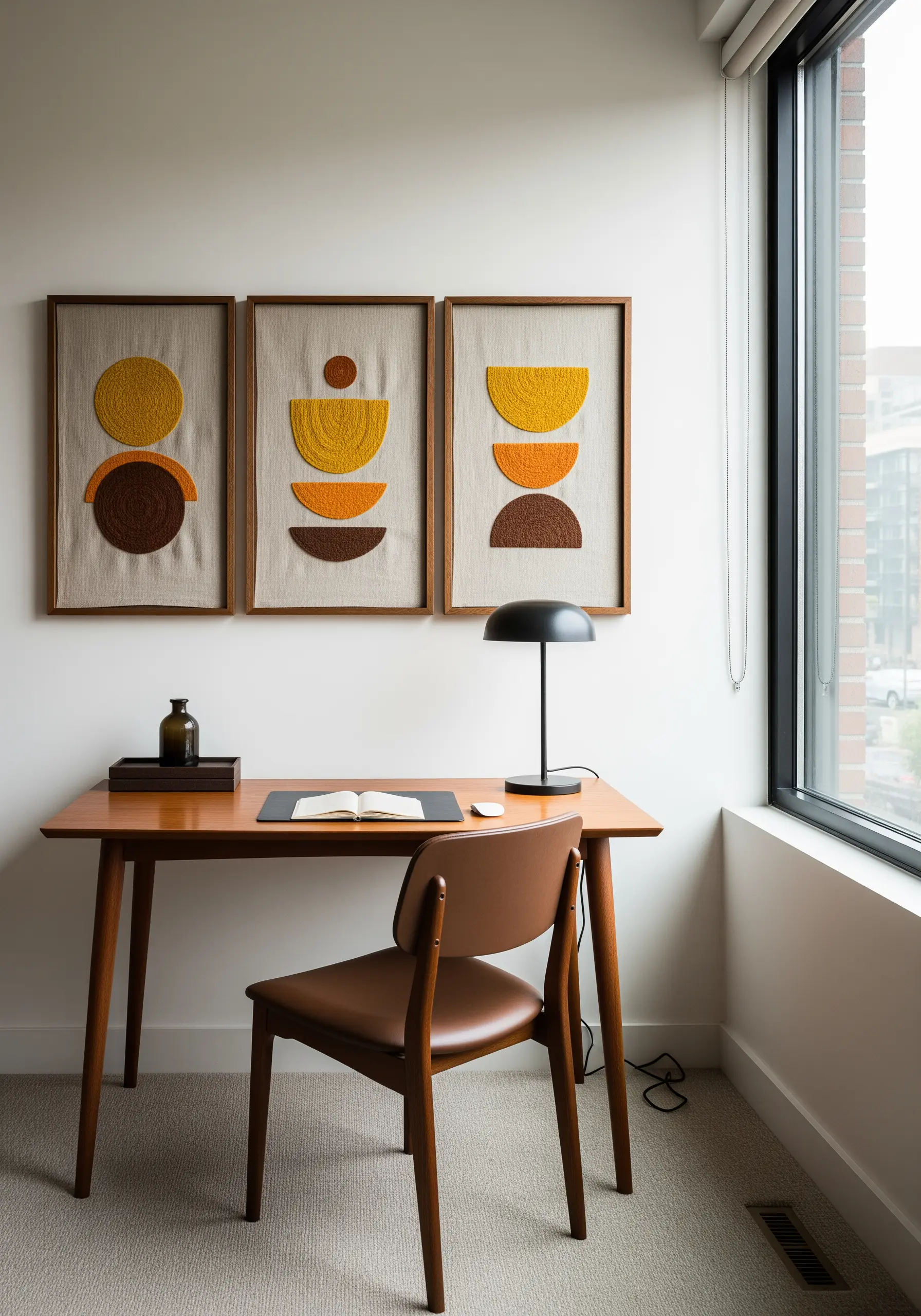 A triptych of framed abstract yarn art in semi-circle shapes using yellow and brown tones.