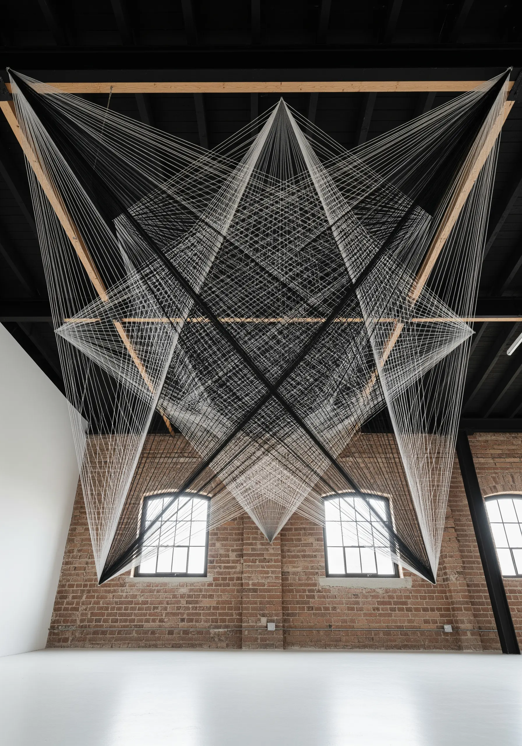 A complex geometric star pattern made from black and white thread stretched between ceiling beams.