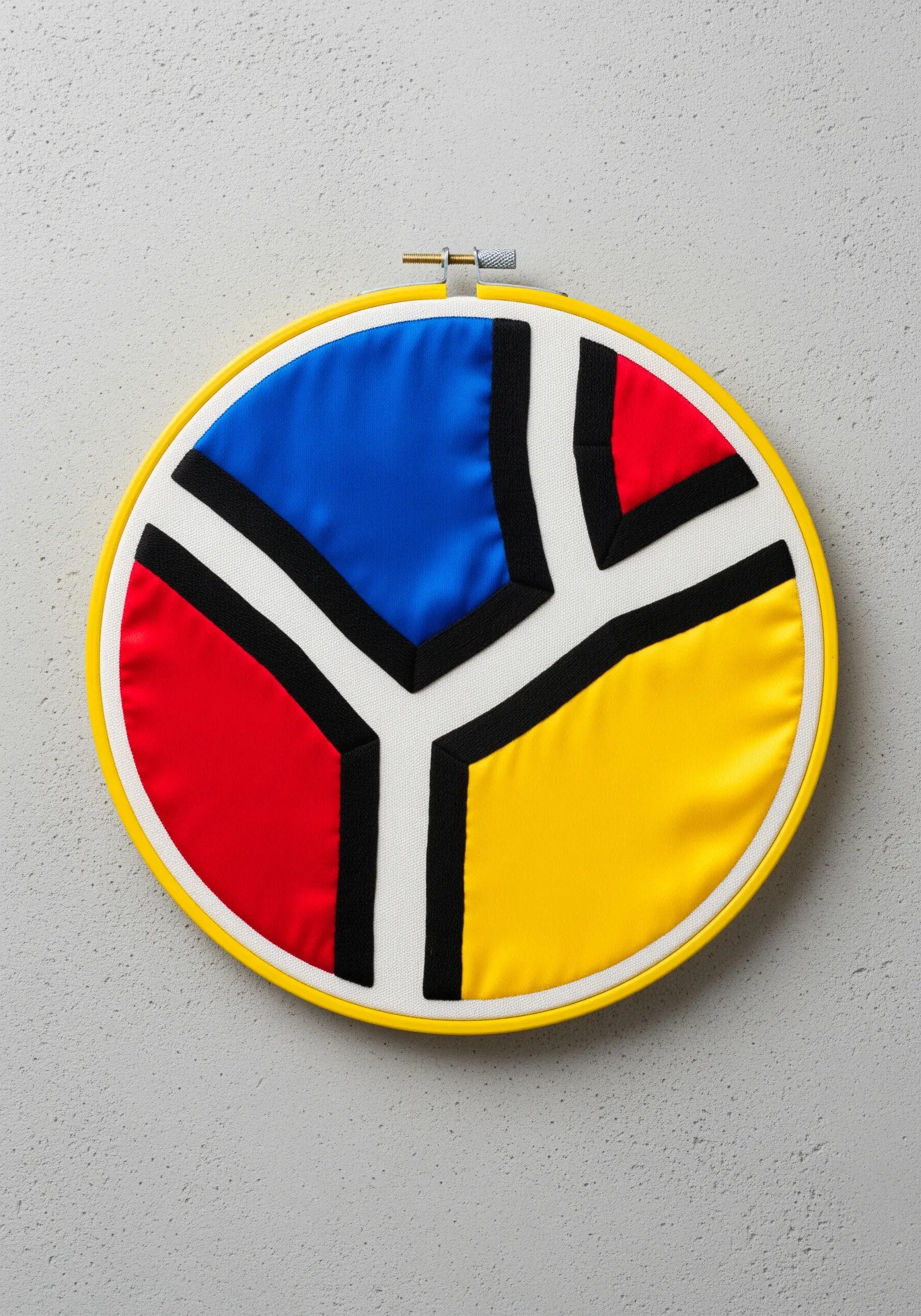 Abstract color-blocked mandala with red, blue, and yellow satin fabric outlined in black thread.