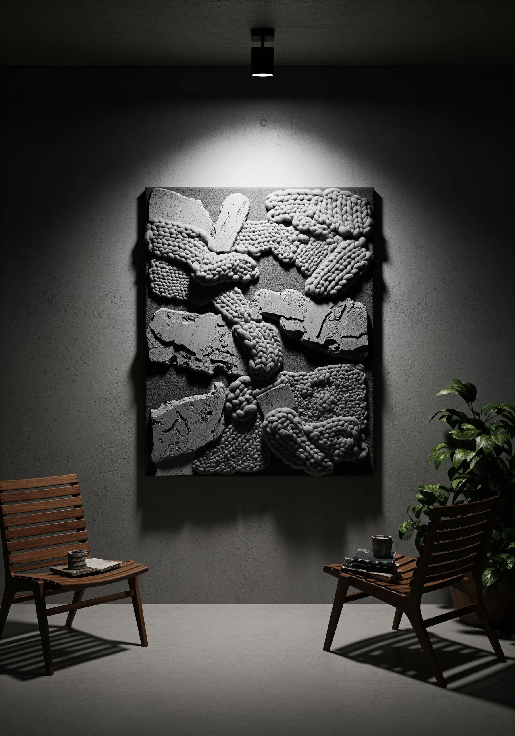A highly textured, monochromatic grey wall art piece with sculptural, abstract embroidery.